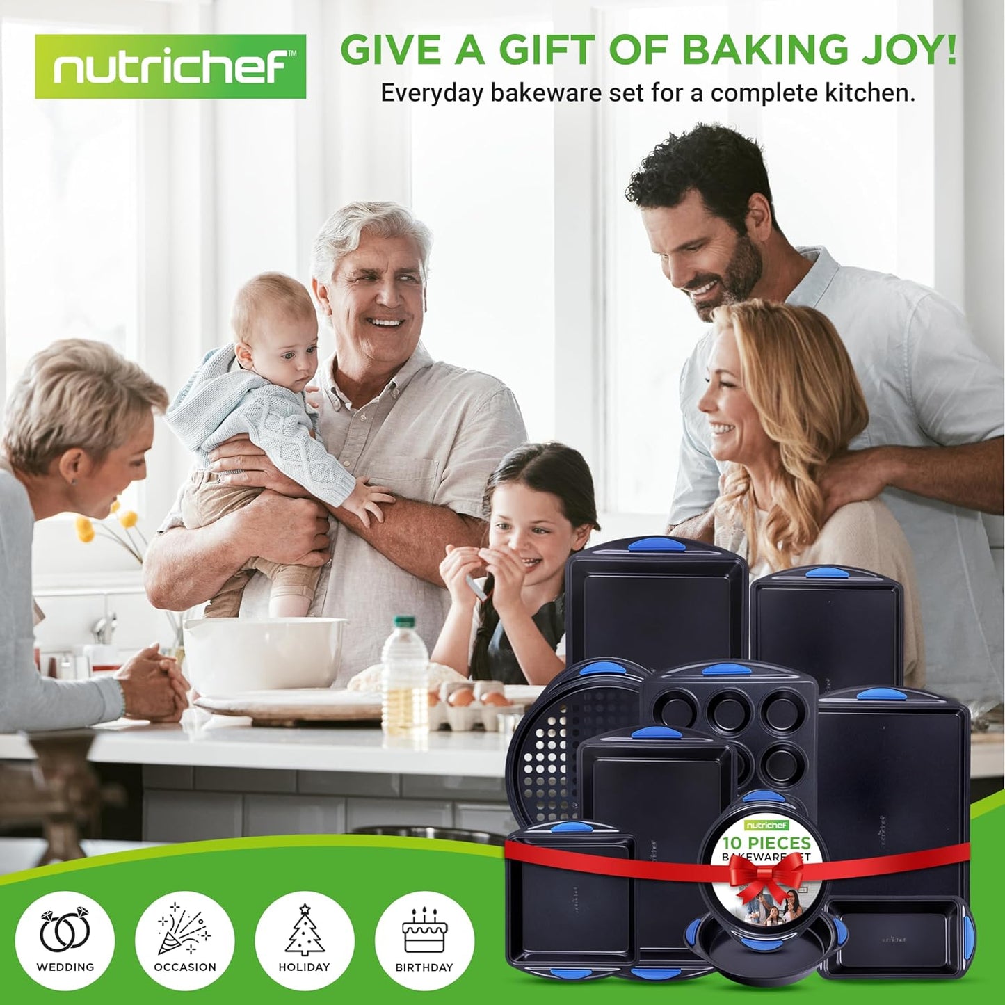 NutriChef 10-Piece Nonstick Bakeware Set - Heavy-Duty Carbon Steel Trays with Silicone Handles | Includes Cookie Sheets, Muffin Pan, Pizza & Loaf Pan, Round & Square Pans - Easy to Clean
