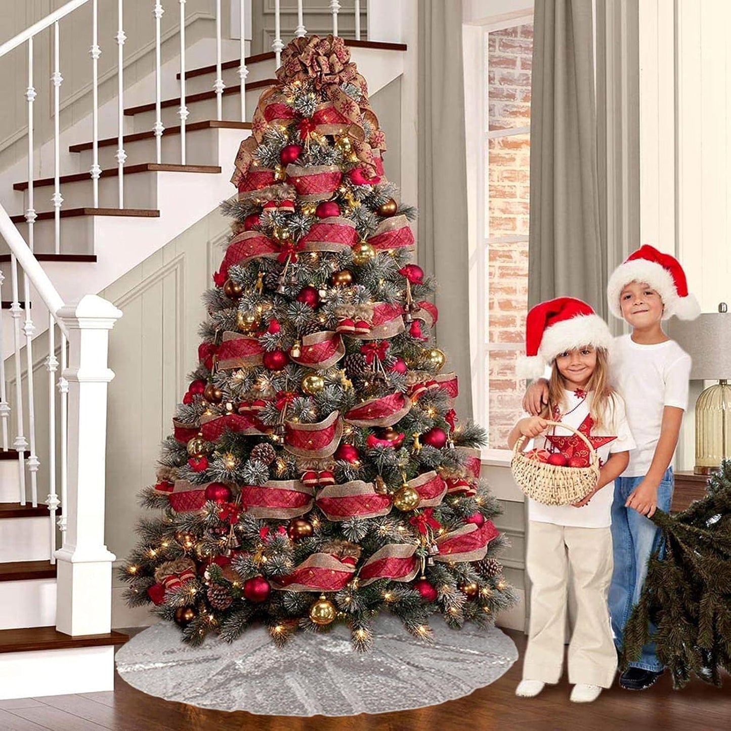 48-Inch Silver Sequin Christmas Tree Skirt - Reusable Holiday Decor for Festive Parties
