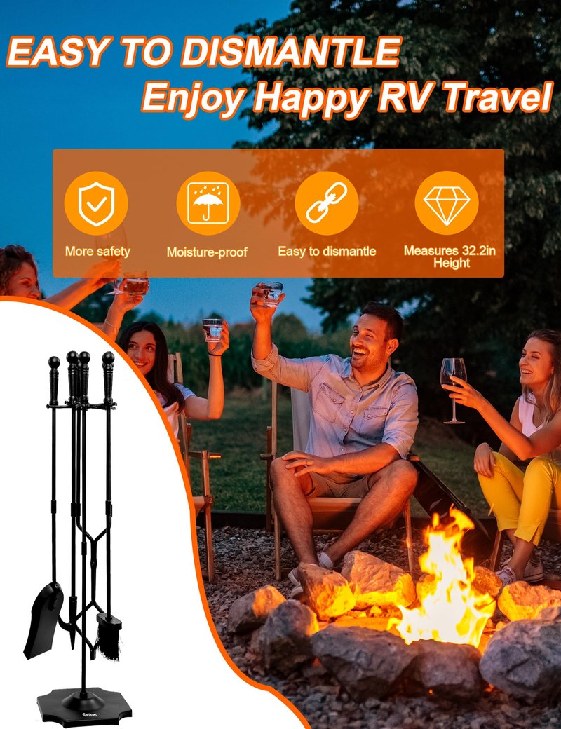 VODA Fireplace Tools Set 5 Pieces 31.5In Cast Iron Indoor Fireside Accessories Large Fire Place Tool Set Outdoor Holder Fire Kit Stand Wood Stove Log Shovel Brush Tong and Fireplace Poker
