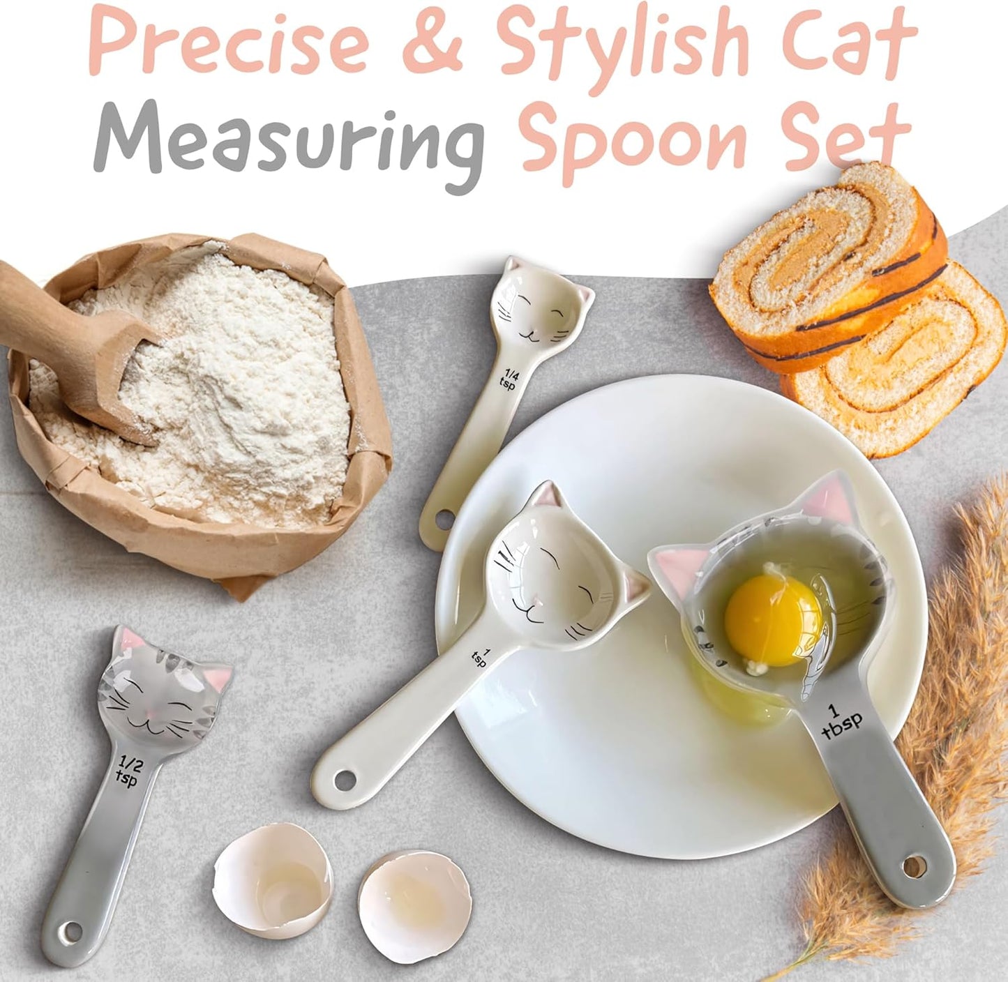 Cat Shaped Ceramic Measuring Spoons Set of 4 - Perfect Gift for Cat Lovers - Functional Kitchen Decor in White & Gray