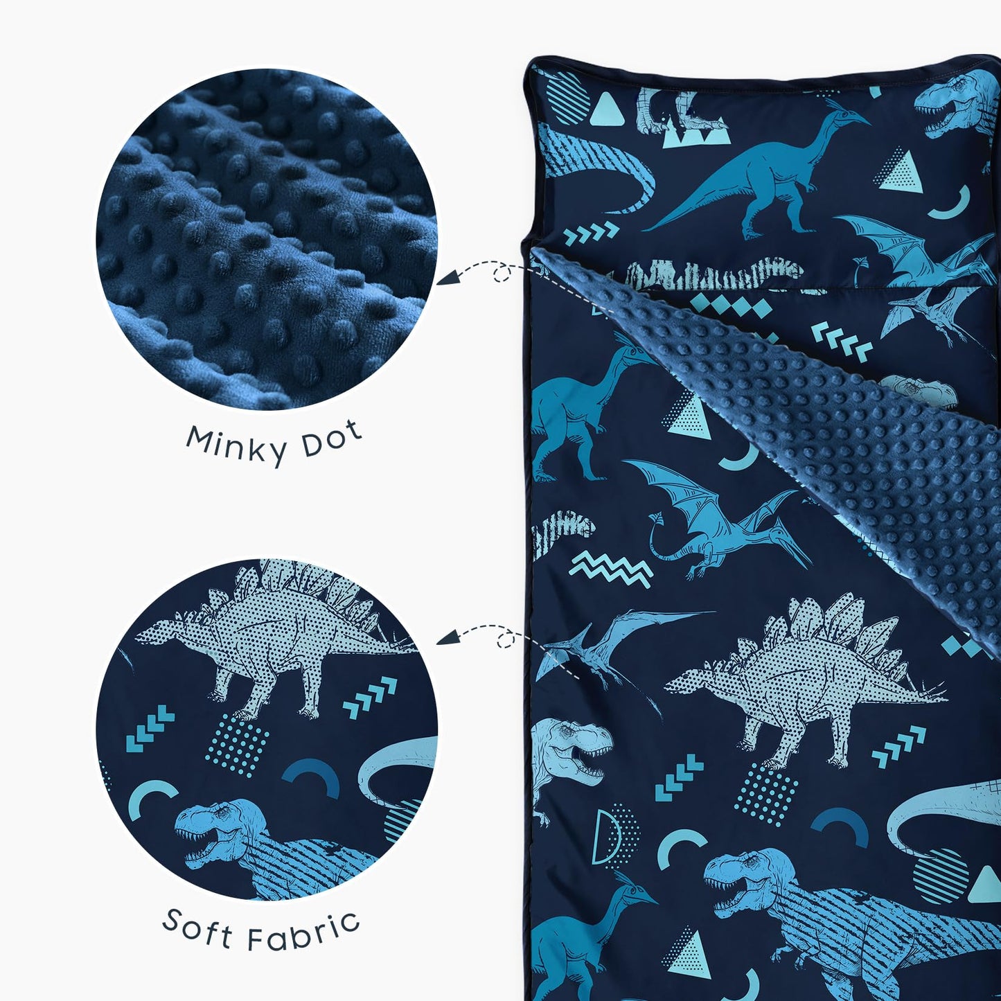 Wake In Cloud - Toddler Nap Mat with Pillow and Minky Fleece Blanket, for Kids Boys in Daycare Preschool Kindergarten, Roll Up Sleeping Bag, Jurassic Dinosaur World Sketch, Navy Blue, Standard