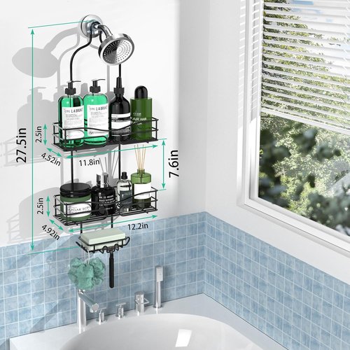 DAOYA Bathroom Shower Caddy - 3-Tier Organizer with Soap Holder & 6 Hooks | Fits 21mm Shower Head Arm, Black