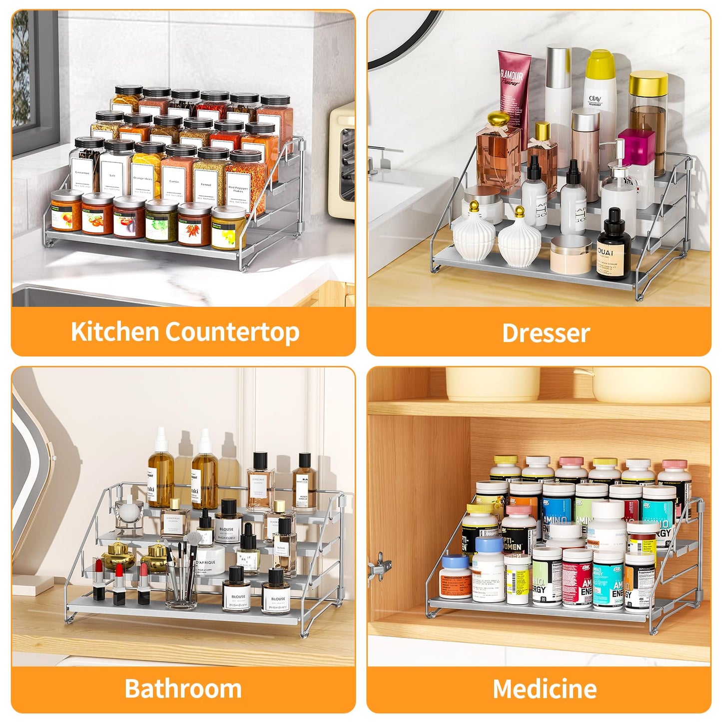 BOIVSHI 4 Tier Spice Rack for Cabinet, Spice Rack Organizer, Depth Adjustable Spice Organizer for Countertop, Cupboard, Pantry, Seasoning Shelf, Metal, Gray (1 Pack)