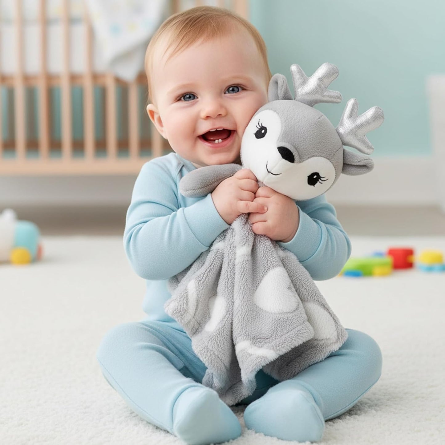 June Garden Cozy Dream Fleece Baby Security Blanket - Soft Plush Stuffed Deer Lovey | 15 x 15 Inches - Grey