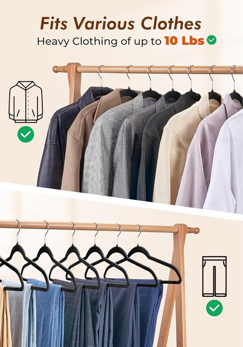 HOUSE DAY Black Velvet Hangers - 50 Pack Non-Slip Felt Closet Essentials | Space-Saving & Gentle on Clothes