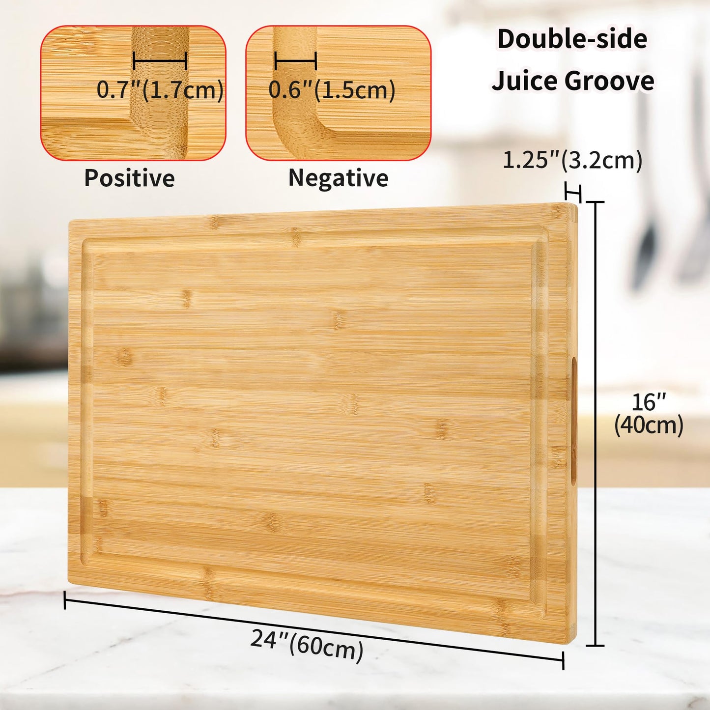 Extra Large XXXL Bamboo Cutting Board 24 x16 Inch, Largest Wooden Butcher Block for Turkey, Meat, Vegetables, BBQ, Over the Sink Chopping Board with Handle and Juice Groove, Thickness 1.25"