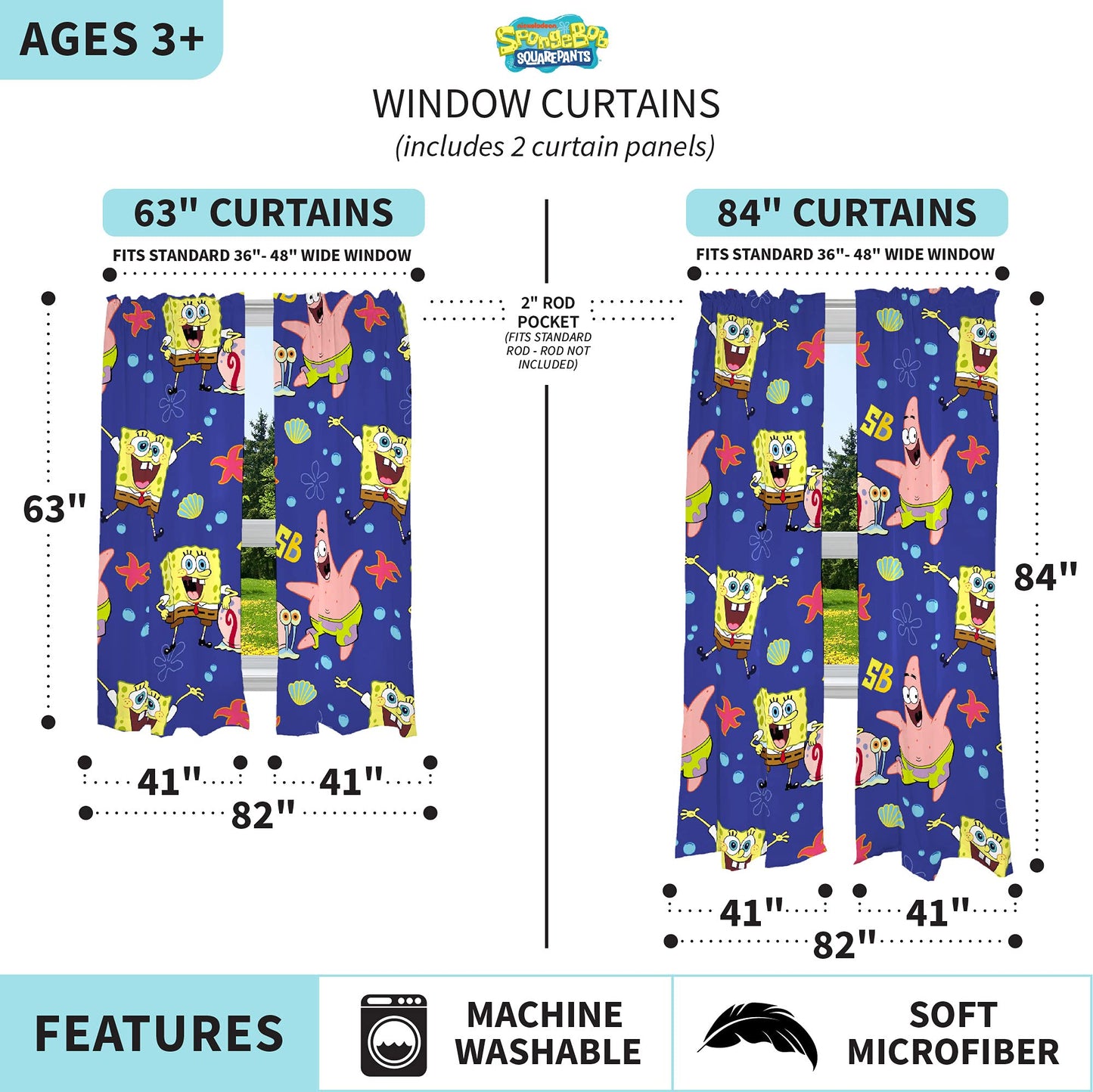 Franco Kids Room Window Curtains Drapes Set, 82 in x 84 in, Spongebob Squarepants