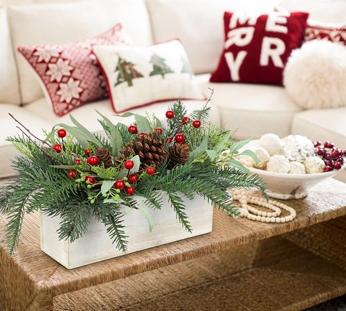 GnFlus Christmas Centerpieces - Artificial Pine Tree with Pinecones & Eucalyptus in White Wooden Pot