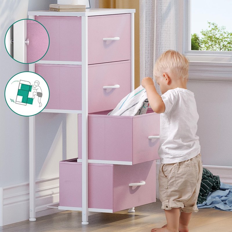 YITAHOME Dresser with 4 Drawers - Storage Tower Unit, Fabric Dresser for Living Room, Closets - Sturdy Steel Frame, Wooden Top & Easy Pull Fabric Bins, Pink