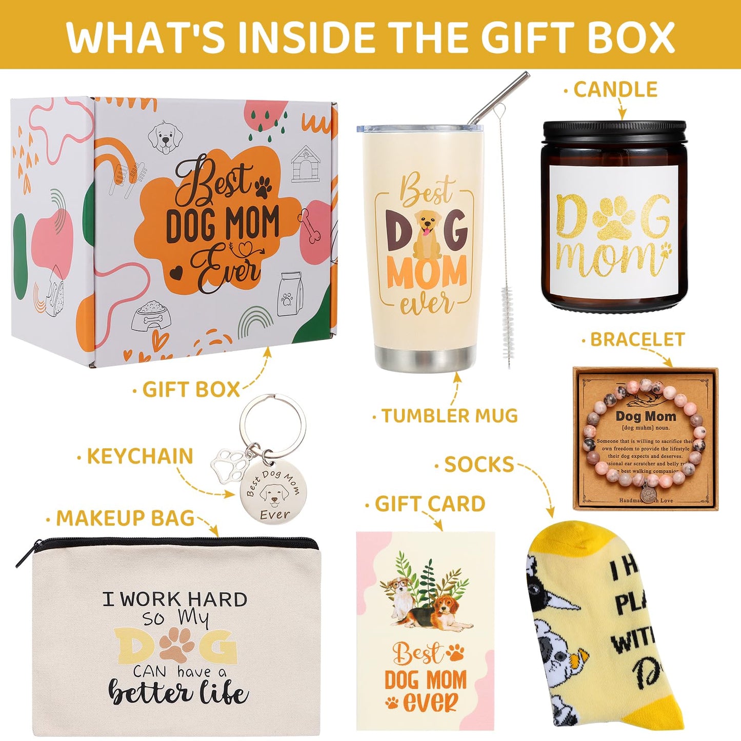 Dog Mom Gifts for Women Best Dog Mom Gifts Dog Gift Basket Cool Gifts for Dog Lovers Including Makeup Bag 20 oz Tumbler Keychain Socks Candle Bracelet Gift Card for Birthday Christmas Mothers Day