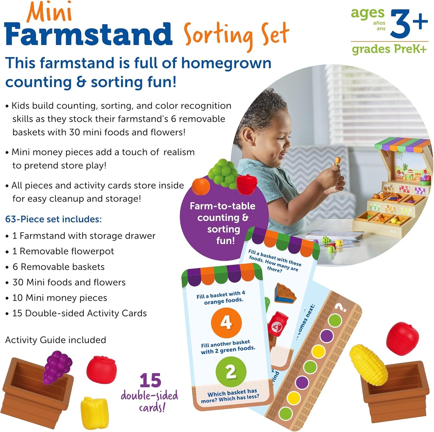 Learning Resources Mini Farmstand Sorting Set - Play Food for Kids | Montessori Toddler Activities