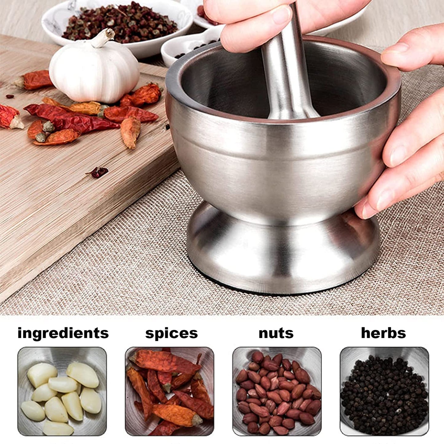 SLIUGLOVEUN Stainless Steel Mortar and Pestle, Pill Crusher, Spice Crusher, Non-Slip Base Grinding Herb Spice, Kitchen Spice Herb Pesto Crusher (Small)