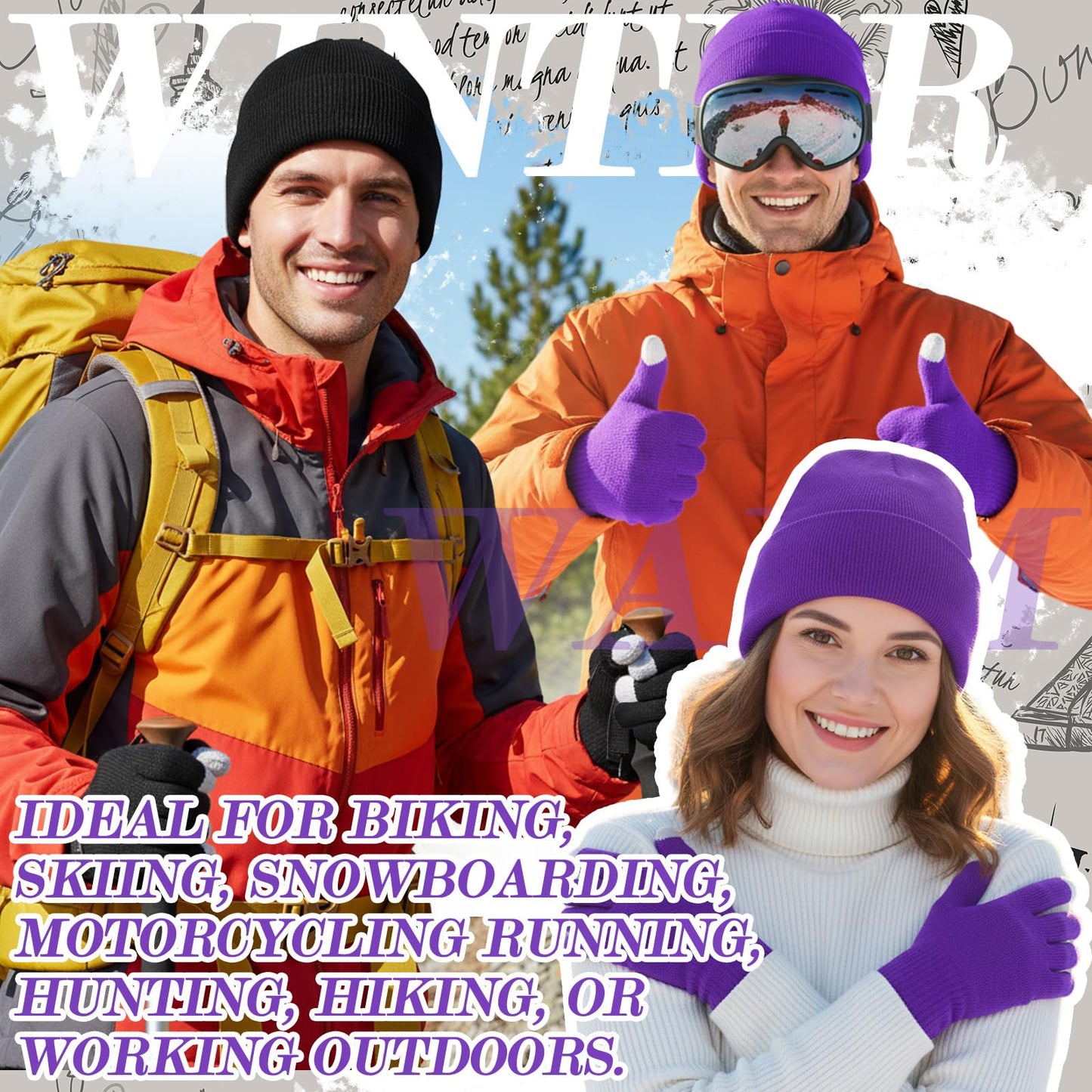 Tivi Tovo 4 Pcs Winter Knit Beanie Hat and Touchscreen Gloves Set for Women Men Warm Acrylic Cap and Gloves Set(Black, Purple,Knit)