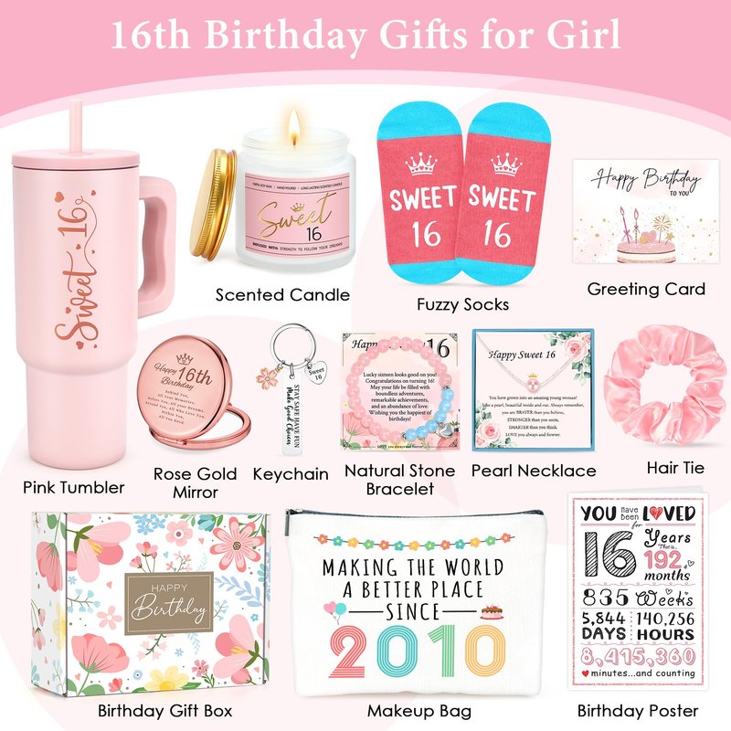 Sweet 16 Gifts for Girls Happy 16th Birthday Gifts for Girls Sweet Sixteen Gift for 16 Year Old Girl Trendy 2026 Pink 16 Year Old Girl Birthday Gift Ideas 16th Decoration for Granddaughter, Daughter