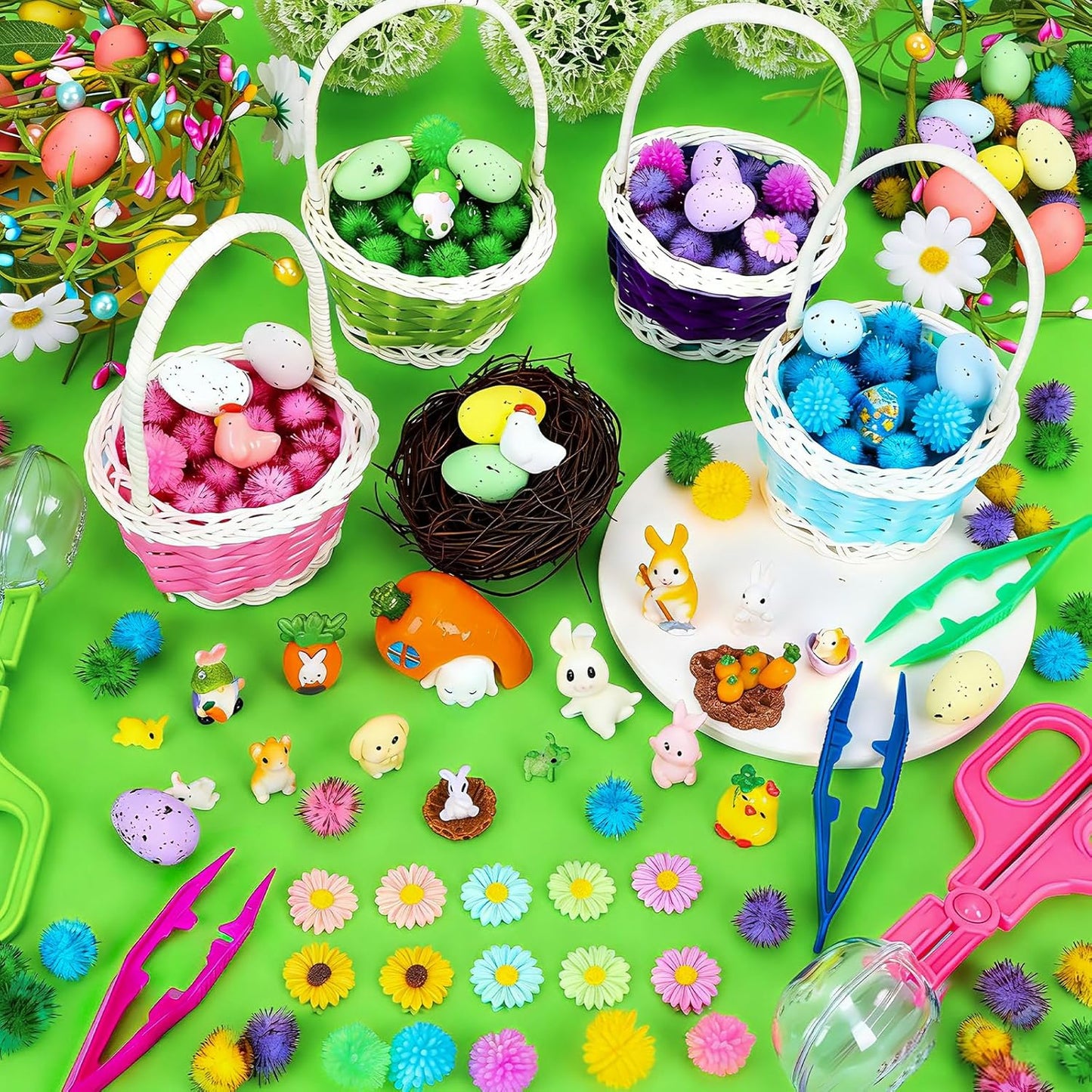 Skiennix Easter Sensory Bin Filler - 287 Pcs Colorful Eggs, Bunnies & Flowers for Counting Fun