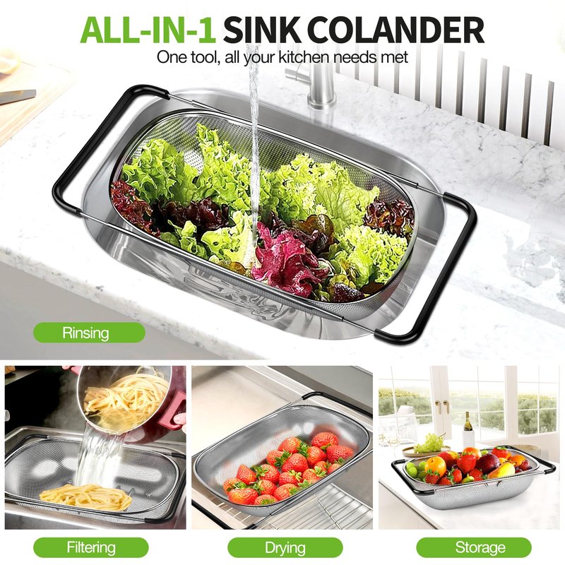 FirstE Over the Sink Colander Strainer Basket 6 Quart, Fine Mesh Stainless Steel Colander with Expandable Anti-slip Rubber Grip Handles, Kitchen Sink Vegetable Strainer for Drain Pasta, Rinse Fruits