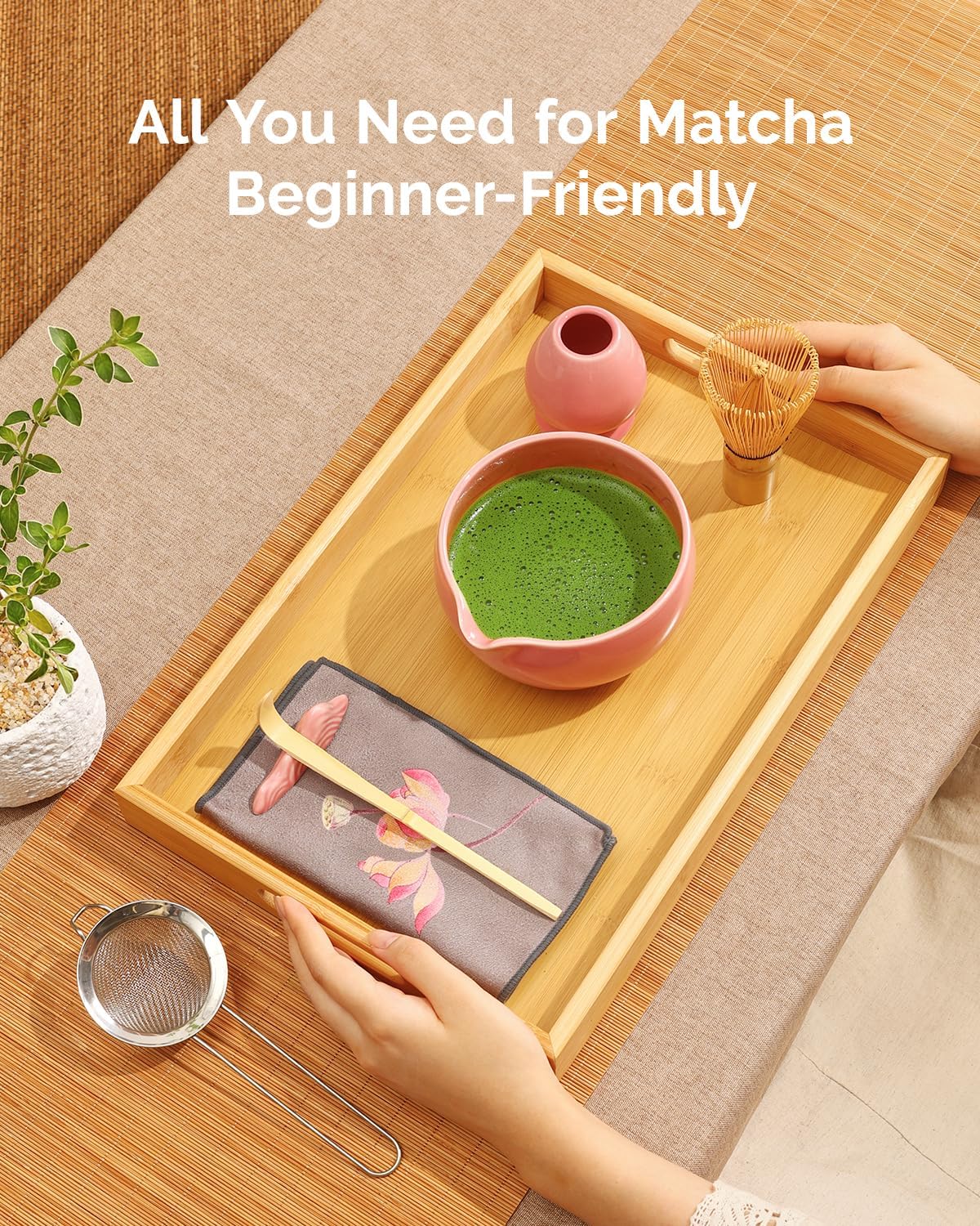 Maestri House Matcha Whisk Set - 7-Pc Complete Kit with Ceramic Bowl, Bamboo Whisk & Accessories | Perfect Gift for Matcha Lovers (Pink)