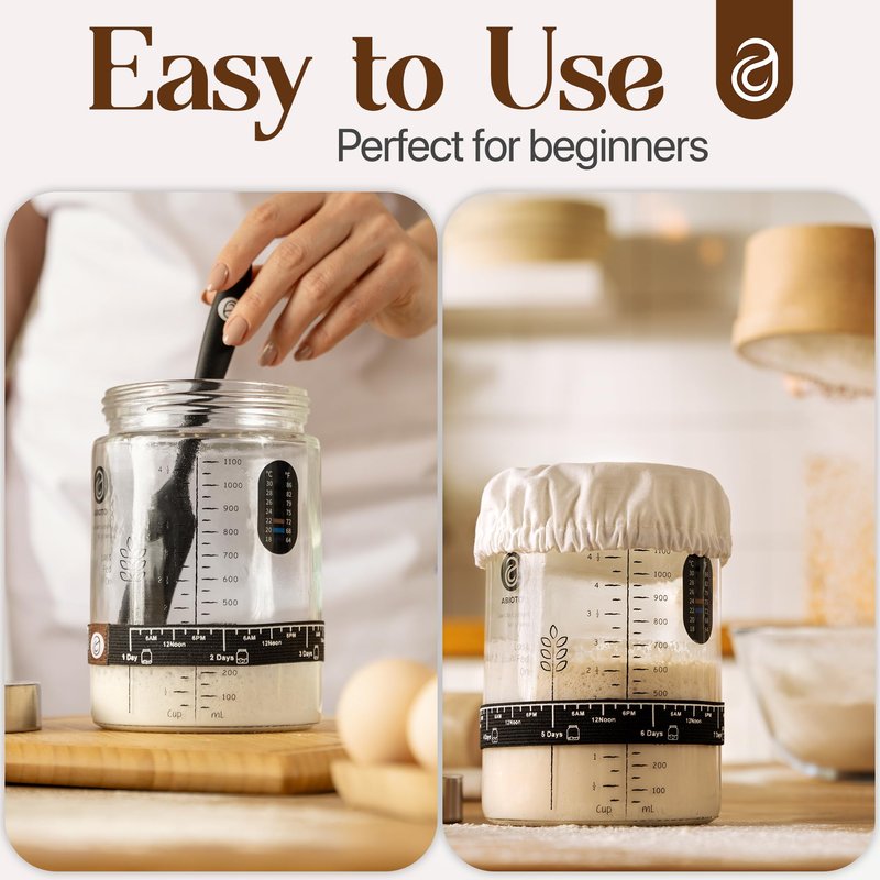 Sourdough Starter Kit with 40 oz Glass Jar – Extra Thermometer Strips and Breathable Covers Included in Sourdough Starter Jar Kit – A Perfect Sourdough Bread Starter Kit for Beginners to Expert