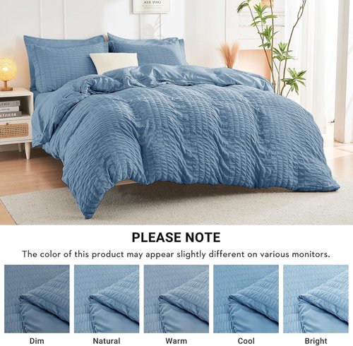 HYMOKEGE Queen Comforter Set - 7-Piece Mineral Blue Seersucker Luxury Bedding | All-Season Bed in a Bag