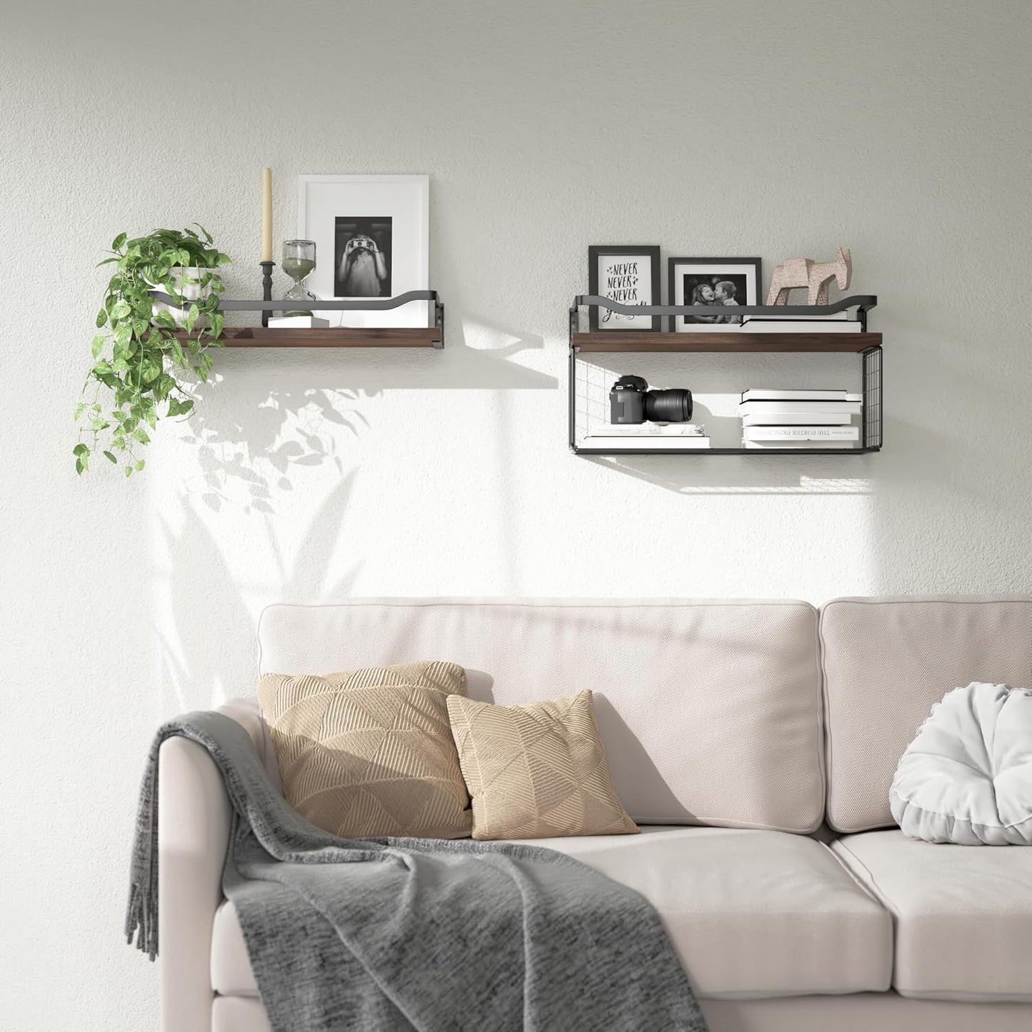 WOPITUES Floating Shelves - Wood Wall Storage with Wire Basket & Metal Guardrail - Dark Brown
