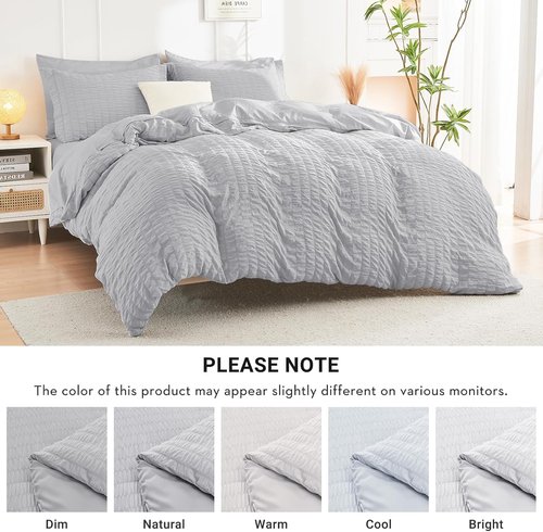 HYMOKEGE California King Comforter Set - 7-Piece Light Grey Seersucker Luxury Bedding Set