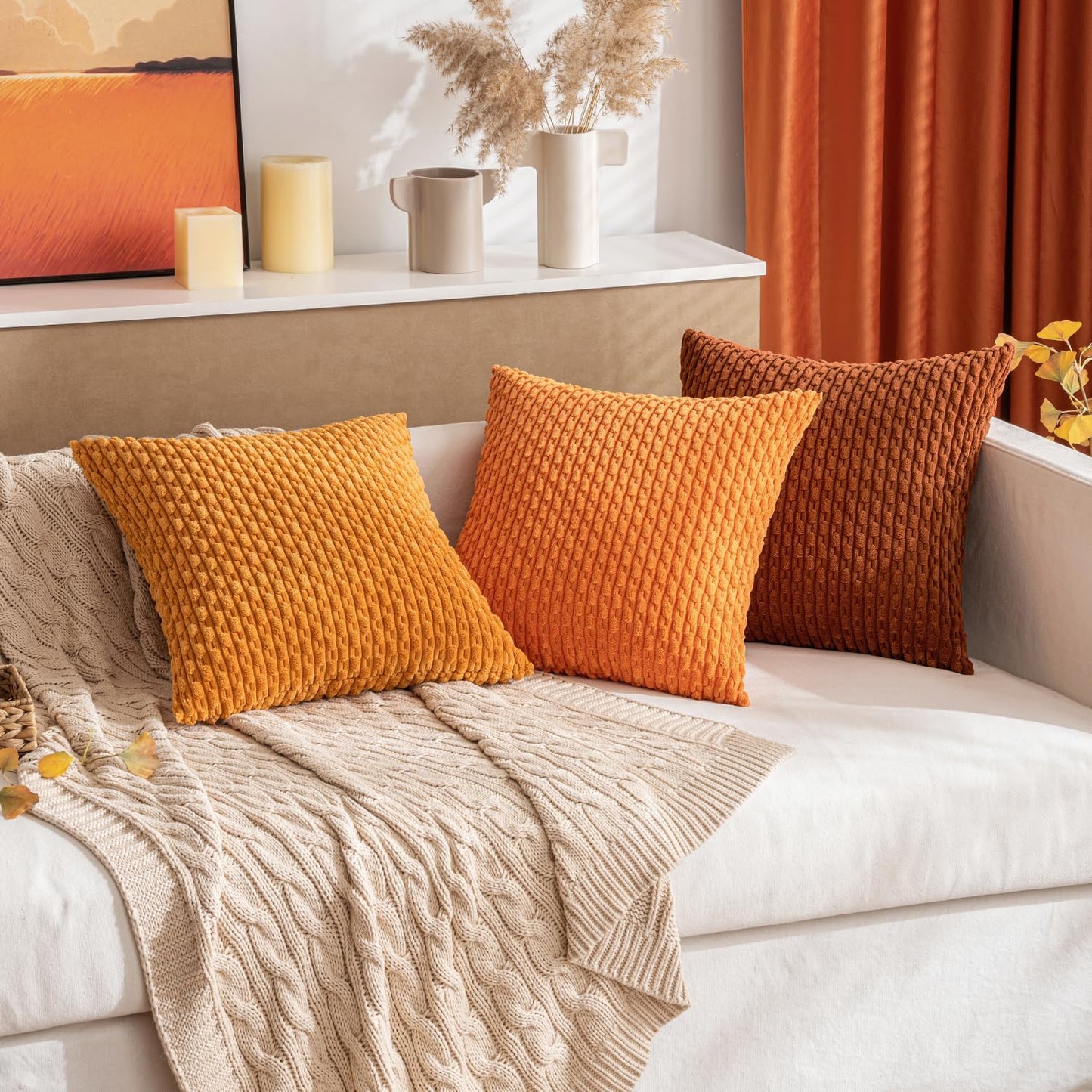 MIULEE Throw Pillow Covers - Soft Corduroy Boho Striped Decorative Set of 2 | Rust 18x18 Inch for Couch & Sofa