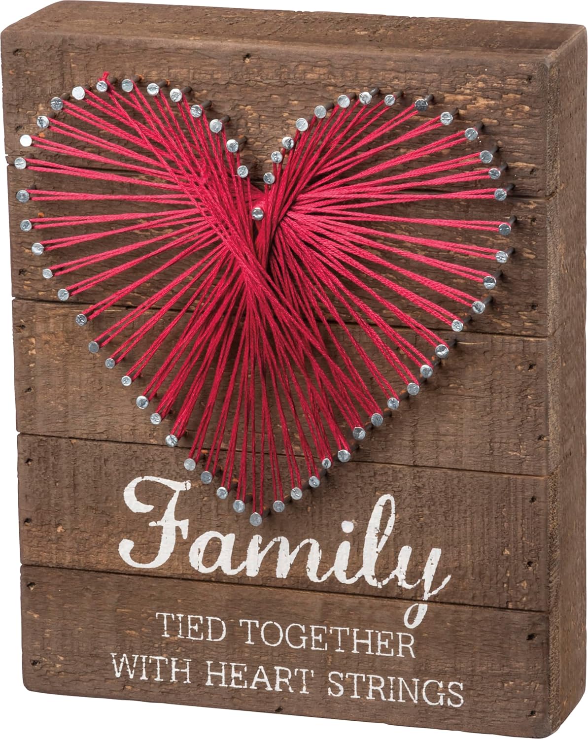 Family Tied Together Distressed Wood Sign - Hand-Strung Heart Wall Art & Desk Decor