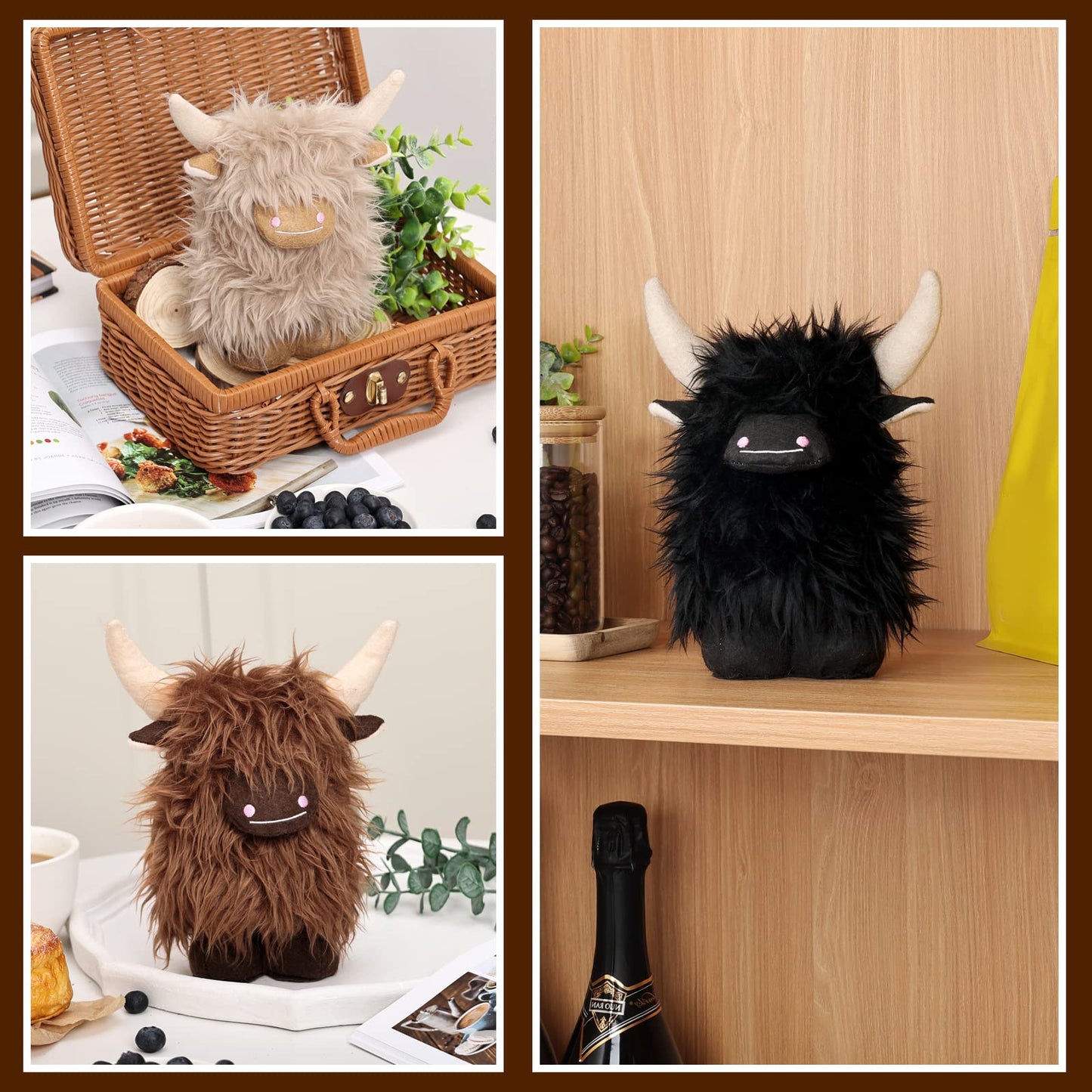 Upltowtme Highland Cow Gnomes Black Brown Cream Scottish Tomte Decor Farmhouse Nordic Dwarf Home Decoration Little Calf Gnomes Herd Collection Travel Gift for Her Set of 3