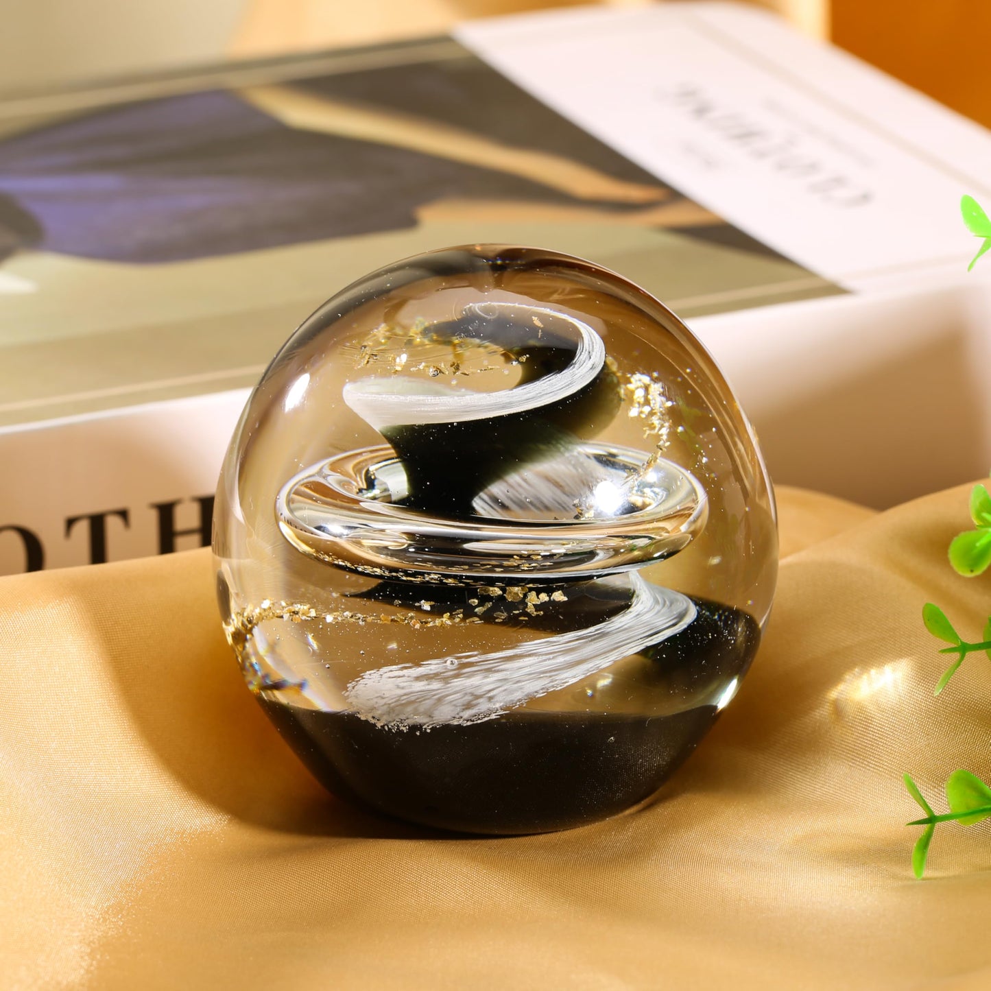 JFTOSALE 3.15in Abstract Galaxy Glass Ball Paperweight Blown Glass Art Modern Black and White Decorative Accent for Office, Shelf, and Table Top