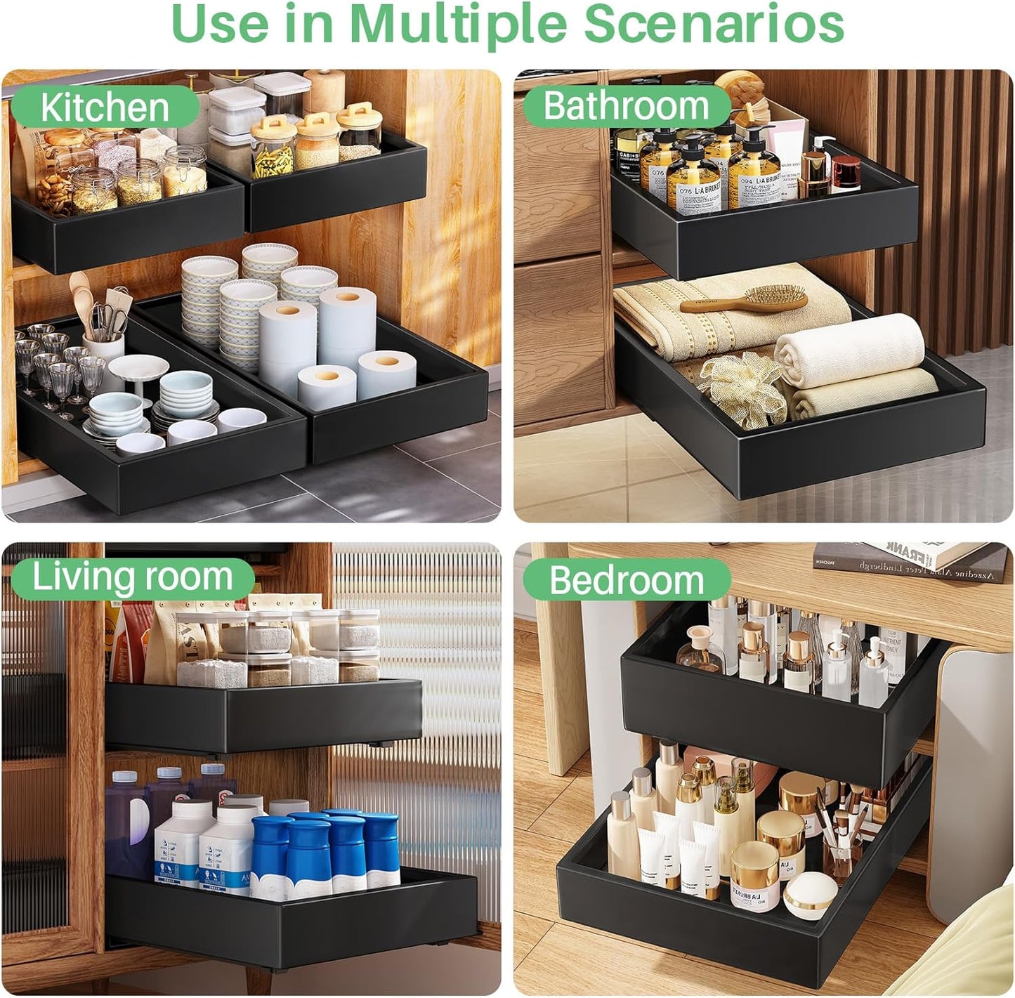 Skiennix Pull-Out Cabinet Organizer - Heavy Duty Slide-Out Drawers for Kitchen & Bathroom | 21" Deep, 11.8" Wide, Black