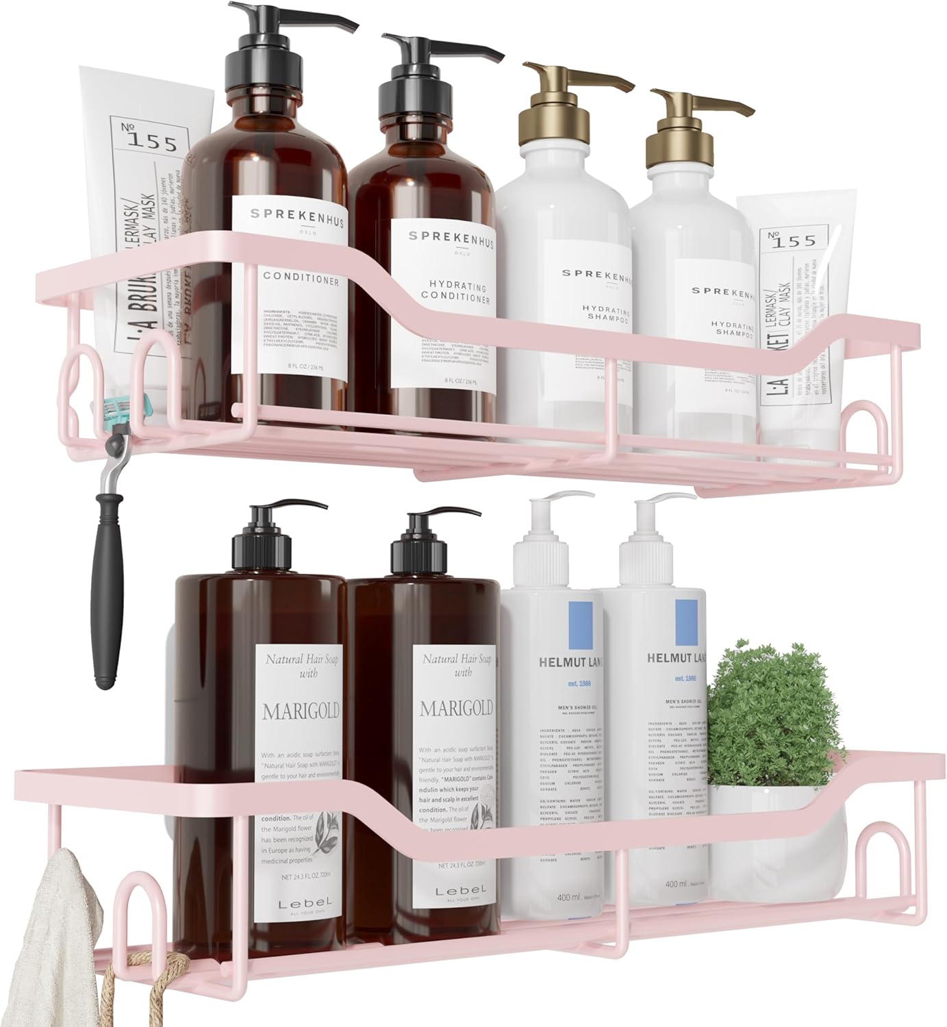 Kitsure Shower Caddy | Large Adhesive Organizer - Stainless Steel Shelf for No-Drill Bathroom Storage, 2 Pack, Pink