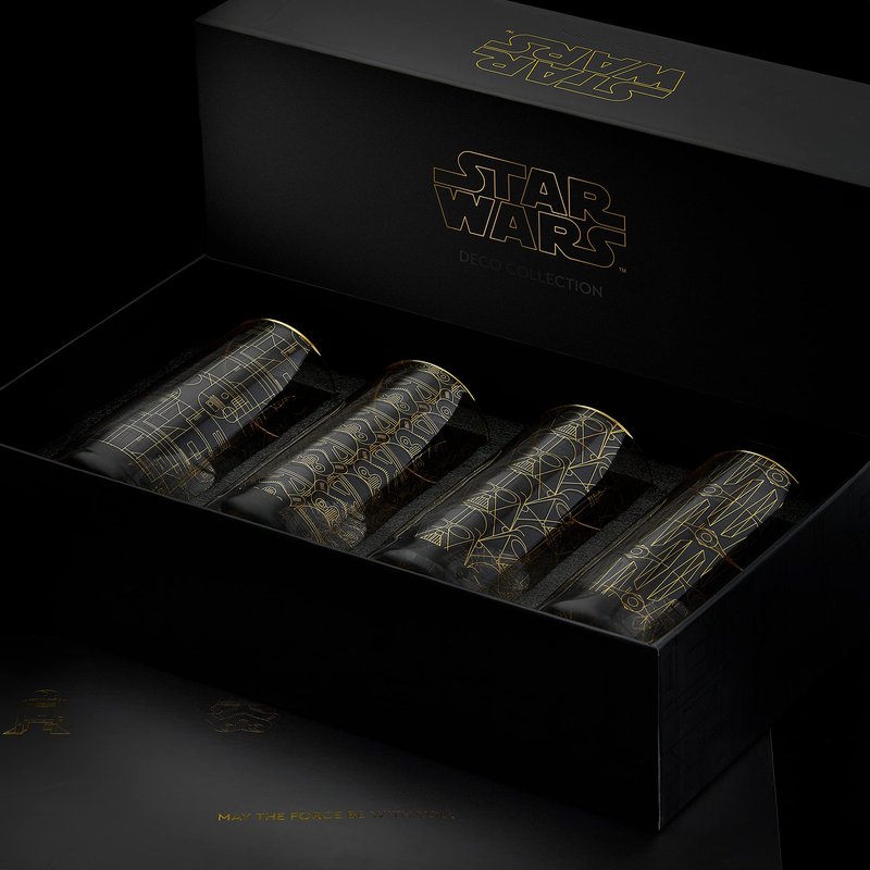 JoyJolt Star Wars Glassware. 'Deco' Highball Glasses Set of 4, 13.5oz Star Wars Glasses. Highball Glass Tumbler with Darth Vader in a Retro Crystal Glass Cup. Tall Drinking Water Glasses For Kitchen