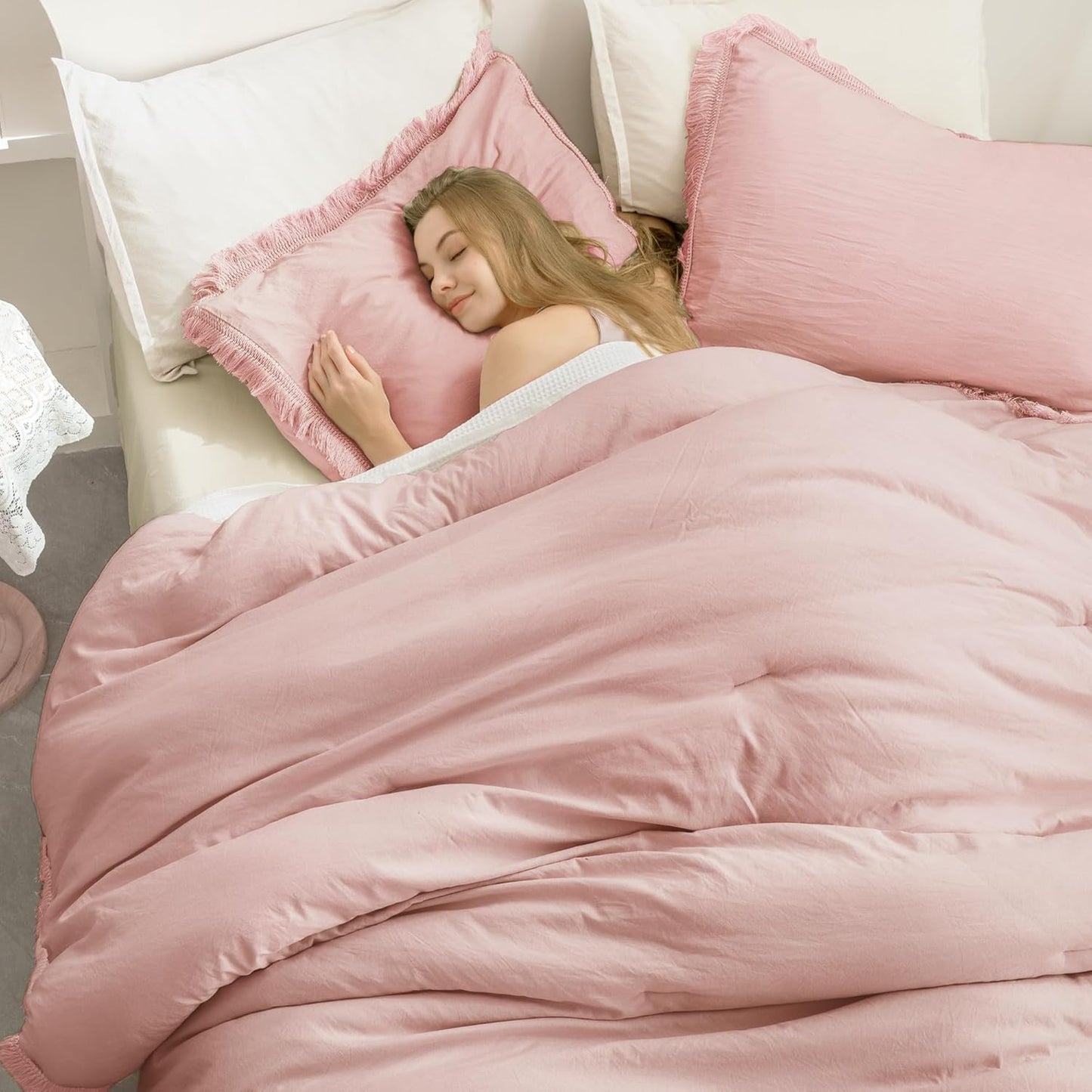 Andency Pink Comforter Set King Size for Girls, Blush Boho Women Tassel Lightweight Bedding Comforter Sets, 3 Pieces All Season Soft Fluffy Fringe Bed Set (104x90In Comforter & 2 Pillowcases)