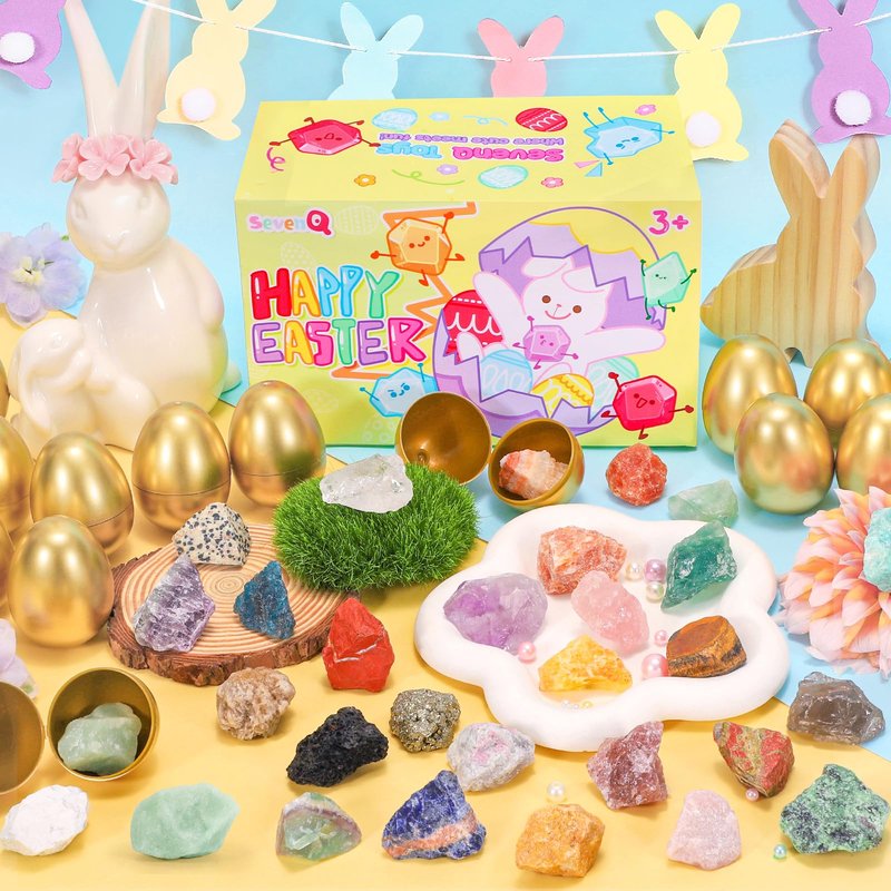 SevenQ Easter Basket Stuffers Easter Egg Fillers with Crystal Gems Rocks Raw Stone 24Pcs, Gemstones Rock Collections for Kids Easter Decorations Goodie Gifts Bags Hunt Supplies Party Favors Essentials