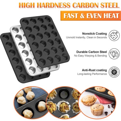 E-far Mini Muffin Pan - 24-Cup Nonstick Carbon Steel Cupcake Tin for Perfect Mini Muffins & Cupcakes, Warp-Free Bakeware for Even Baking & Easy Release, Oven Safe