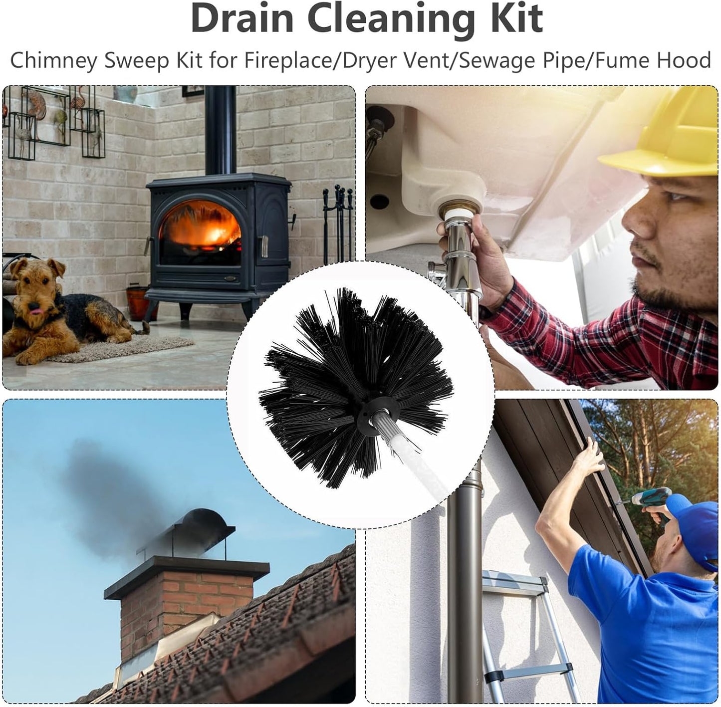 ZDHQLHJ Chimney Brush Cleaning Kit - 15 Pieces with 12 Flexible Nylon Rods for Efficient Fireplace & Duct Cleaning