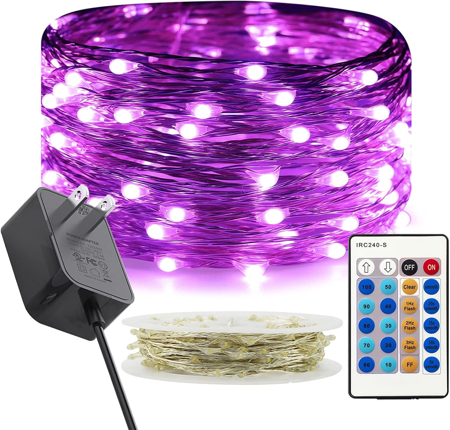 300 LED Dimmable Purple Fairy Lights - 99 Ft Waterproof Silver Wire String Lights with Remote for Christmas, Halloween, Party & Garden