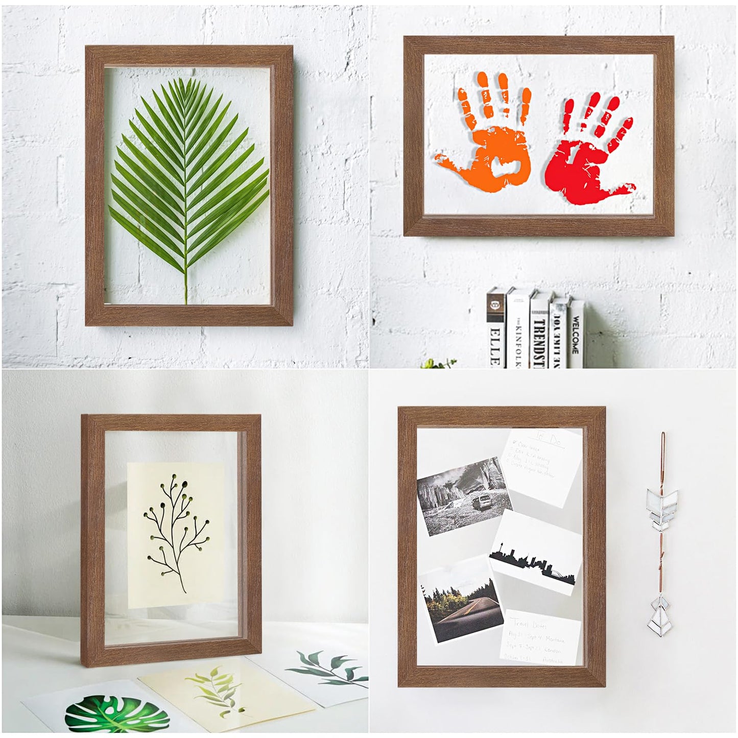 puthiac 10x10 Floating Picture Frames - 10"x10" Oak Wood Picture Frame, Double-Sided Floating Picture Frames 8x8,5x7,4x6, Dual High-Transparency Tempered Glass Wood Frame(Walnut, Set of 1)