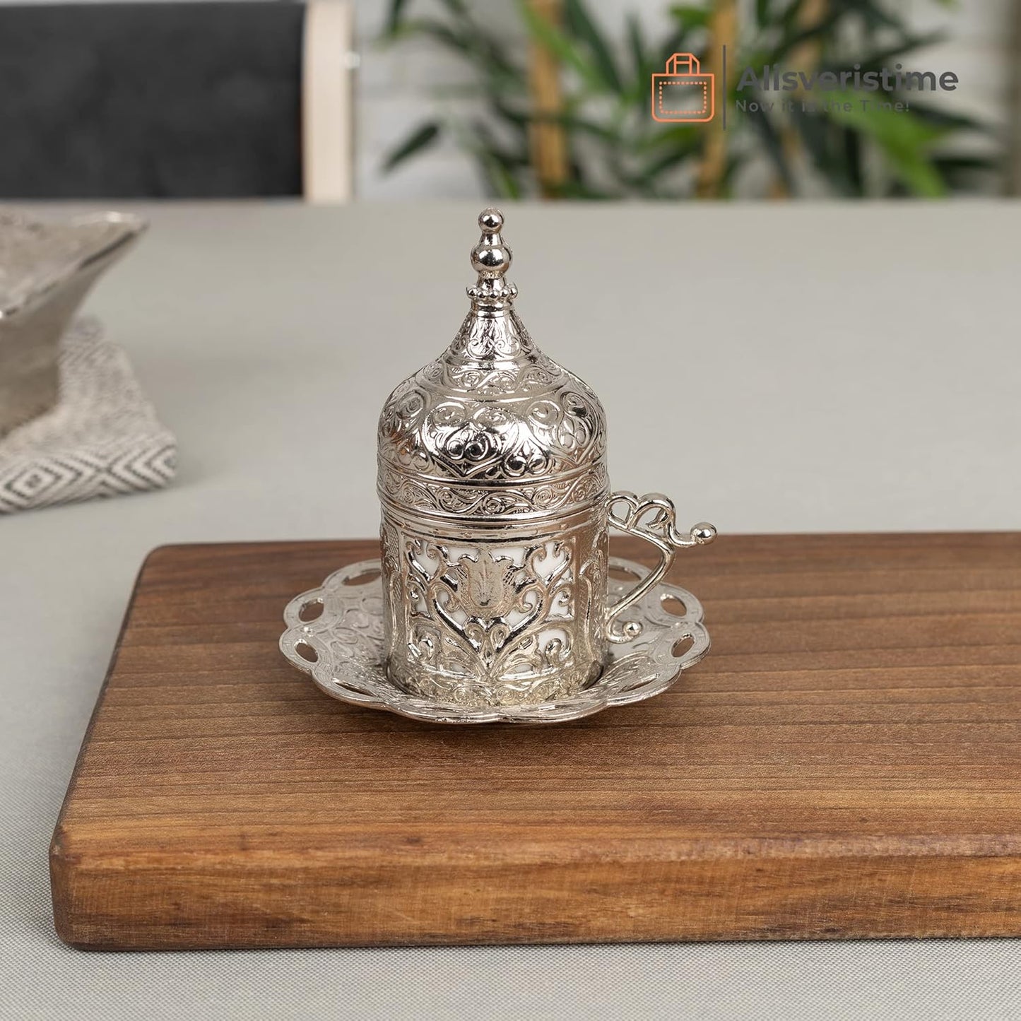 Alisveristime Authentic Turkish Coffee Cup Set: Zamak & Porcelain, Tulip Motifs (Set of 2) (Lale) (Gold)