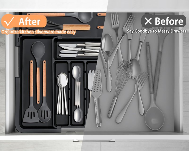Spaclear Silverware Organizer Expandable Kitchen Utensil Drawer Organizer Large BPA Free Adjustable Cutlery Silverware Tray for Spoons Forks Knives Storage Divider for Kitchen Flatware 6-9 Slots Black