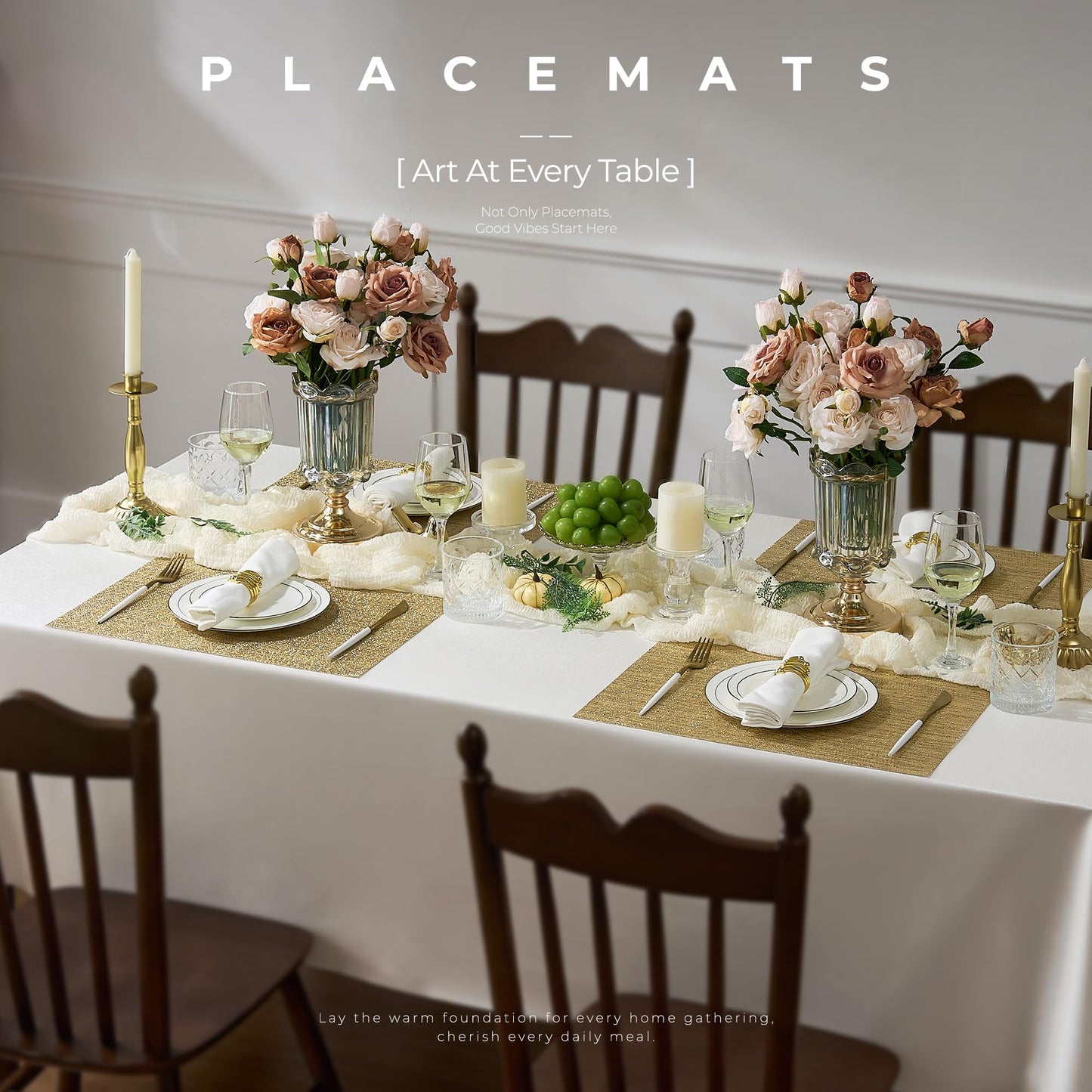 Leetaltree Gold Placemats Set of 6 - Heat Resistant Non-Slip Place mats for Dining Table, Washable Durable PVC Vinyl Woven Table Mats(Luxury Gold, 6)