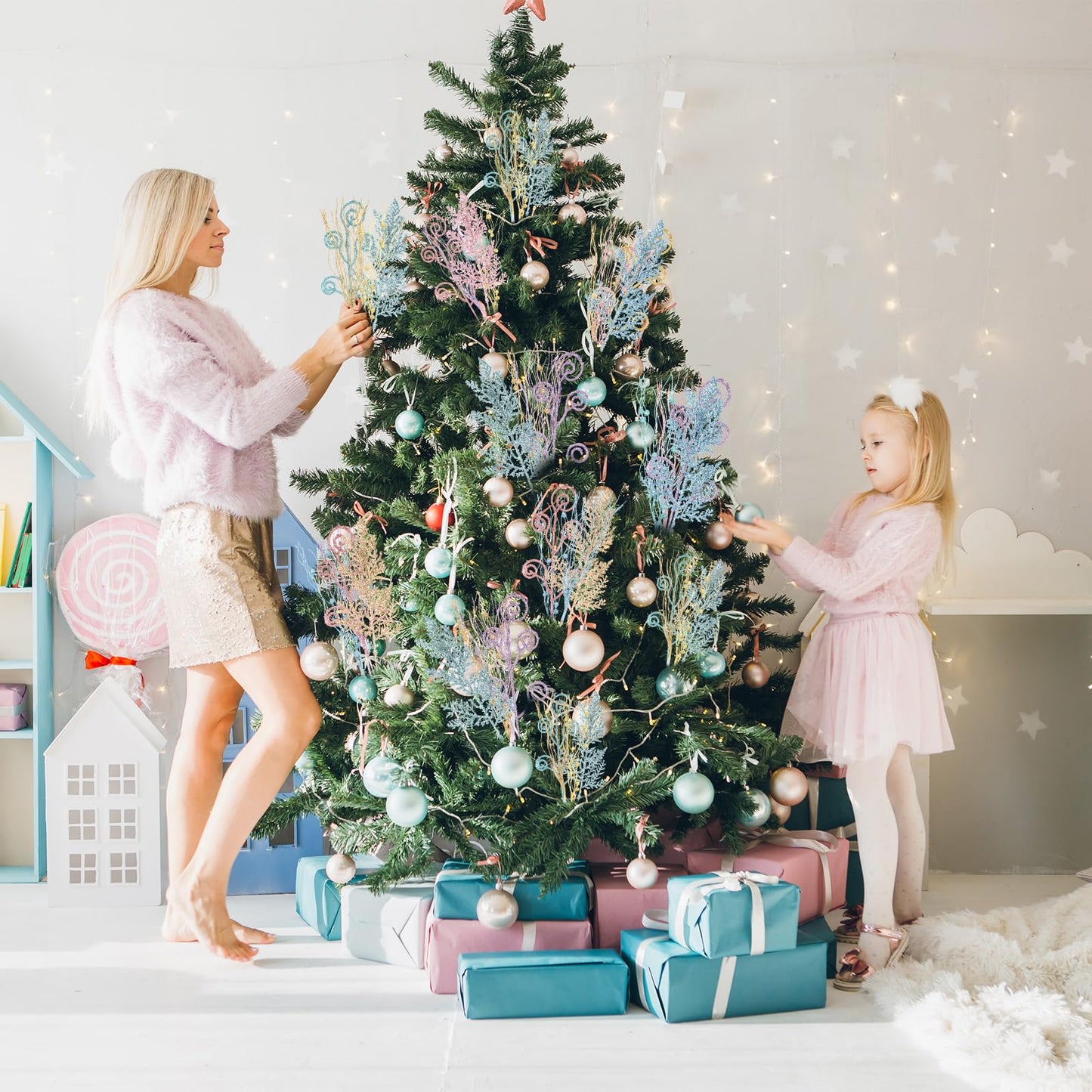 72 Pcs Pastel Christmas Tree Picks and Sprays Decoration Candy Christmas Tree Decor Artificial Glitter Berry Stems Pastel Candy Picks Ornaments Branches for Vase Filler Holiday Party Decoration