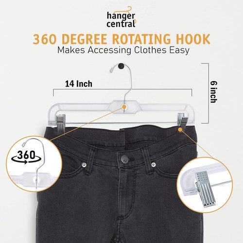 Hanger Central 14-Inch Clear Pants Hangers - Adjustable Clips & Non-Slip Design | 12 Pack Heavy-Duty Closet Organizers