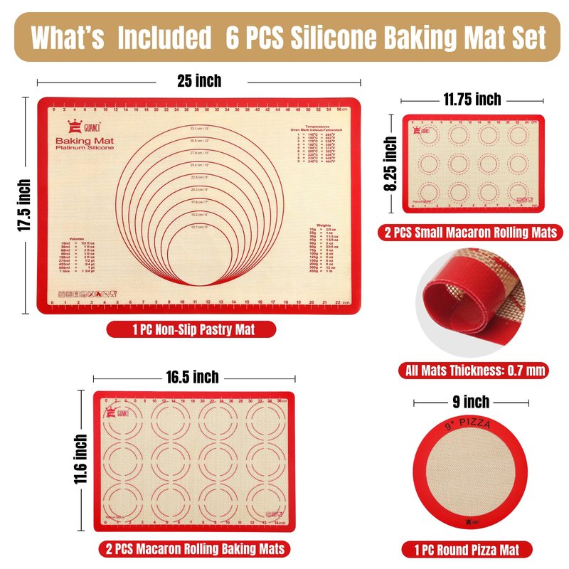 Silicone Baking Mat Set of 6, GUANCI Grade Food Baking mats Non-Stick Reusable Pizza Bakeware Mat for Making Macaroon, Pizza, Cookie, Pastry, Bread, Bun(Red)