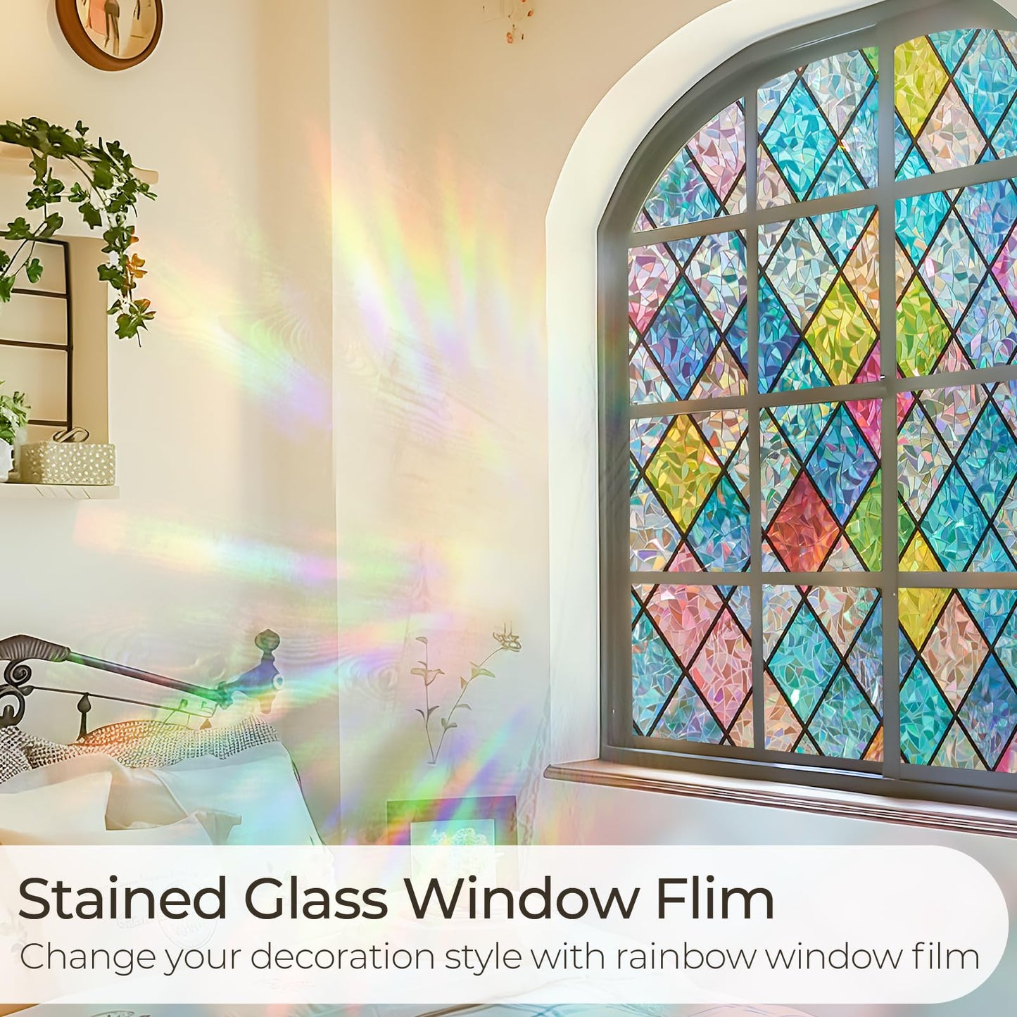 Windimiley Stained Glass Window Privacy Film:3D Rainbow Floral Decorative Frosted Static Cling Bathroom Heat Control Sun Blocking Window Sticker Non Adhesive Door Window Covering(23.6 x78.7in,Lattice)