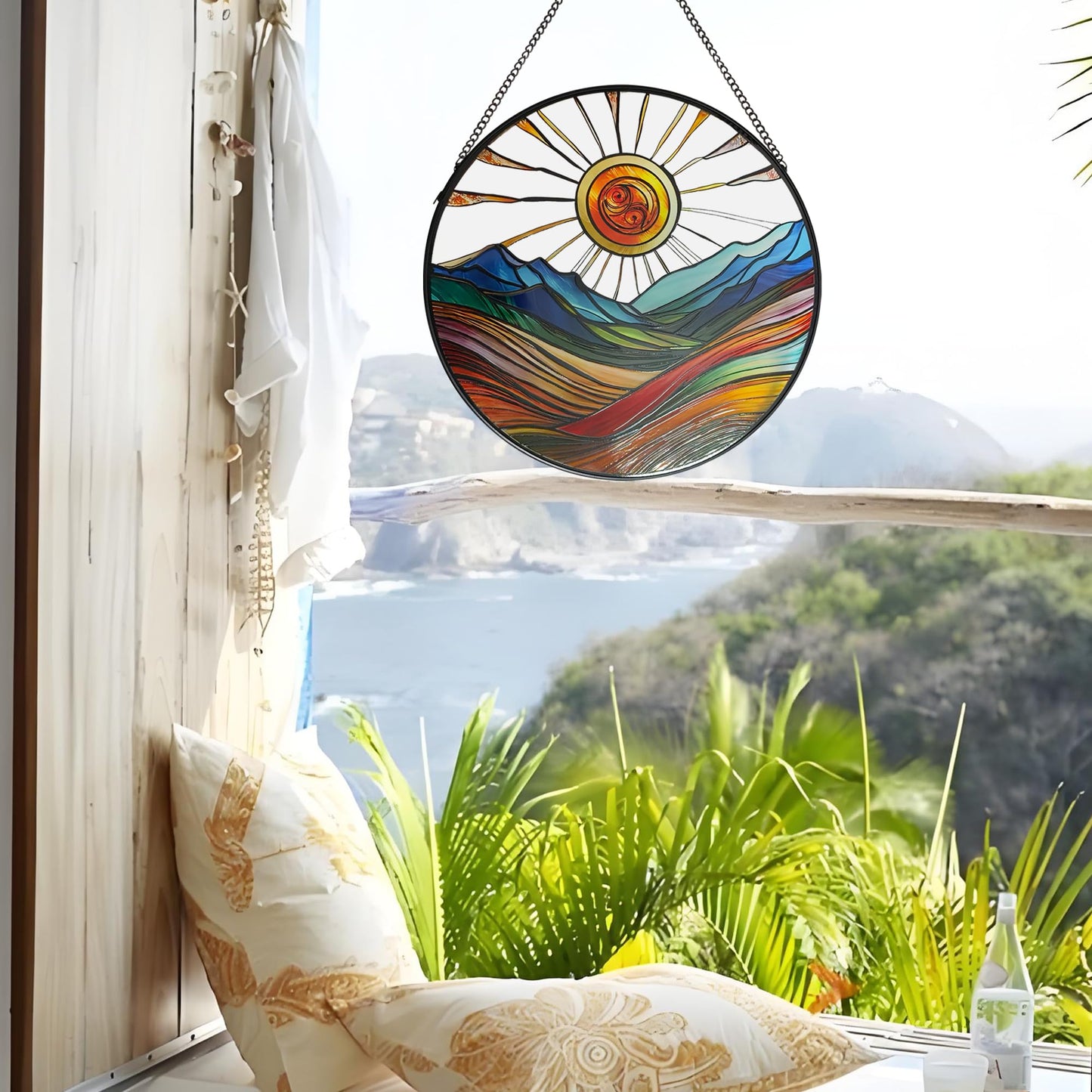 ZUSANG Sun Mountains Stained Glass Window Hanging, 9.8’’Sun Catcher Glass Panel Boho Wall Art Decor with Chain, Hand Painted Round Glass Gifts for Couples, Housewarming Gift
