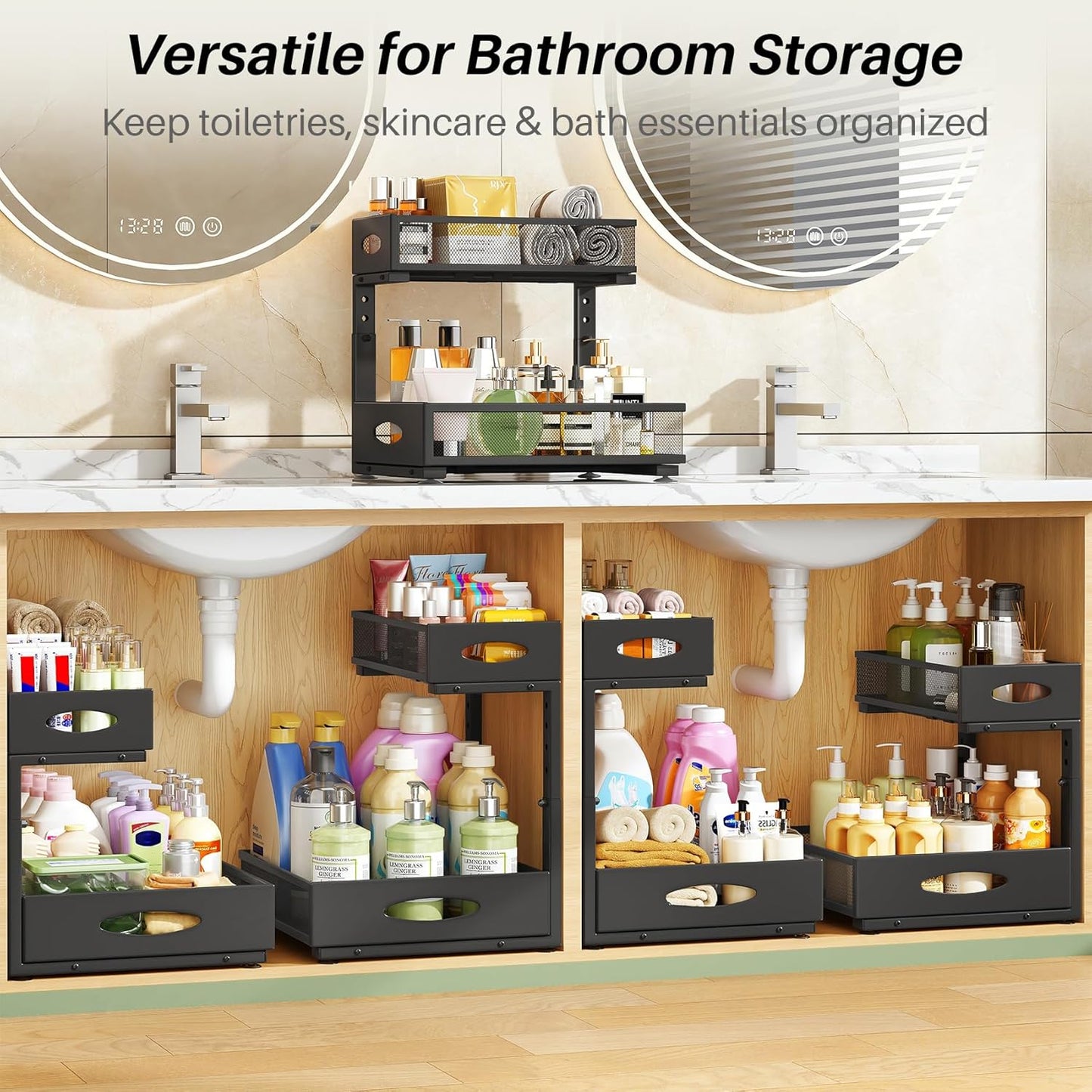 Under Sink Organizer | 2-Pack Metal Slide-Out Storage Shelf Rack - Adjustable Height, XL Black