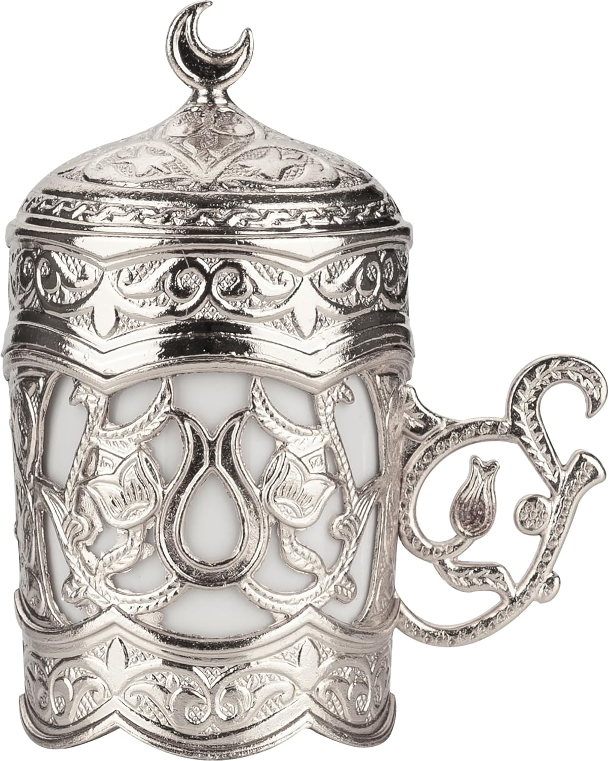 Alisveristime Ottoman Turkish Greek Arabic Espresso Coffee Cups with Saucer and Lid (Set of 2) (Hilal) (Silver)