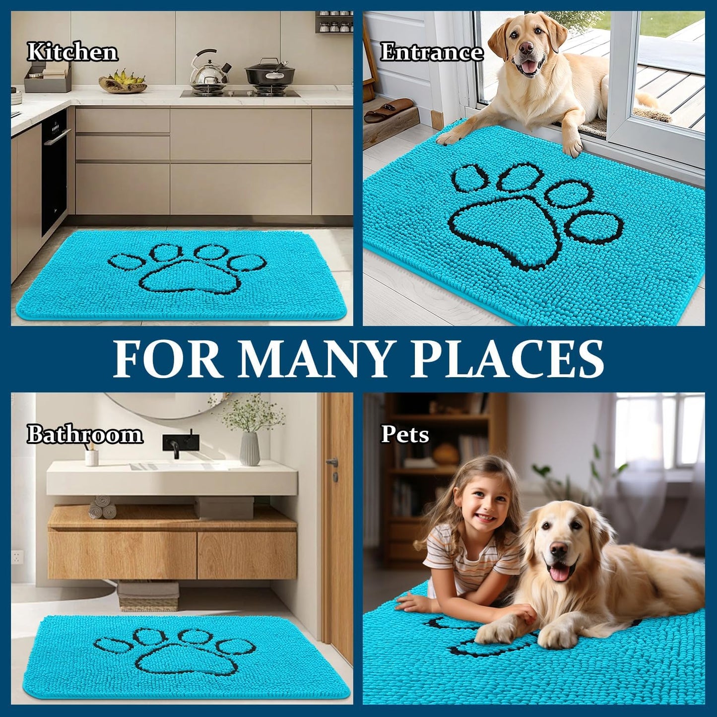 OLANLY Dog Door Mat - Absorbent Non-Slip Mud Mat for Paws | Aqua Blue, 30x20 Inches, Quick Dry Chenille