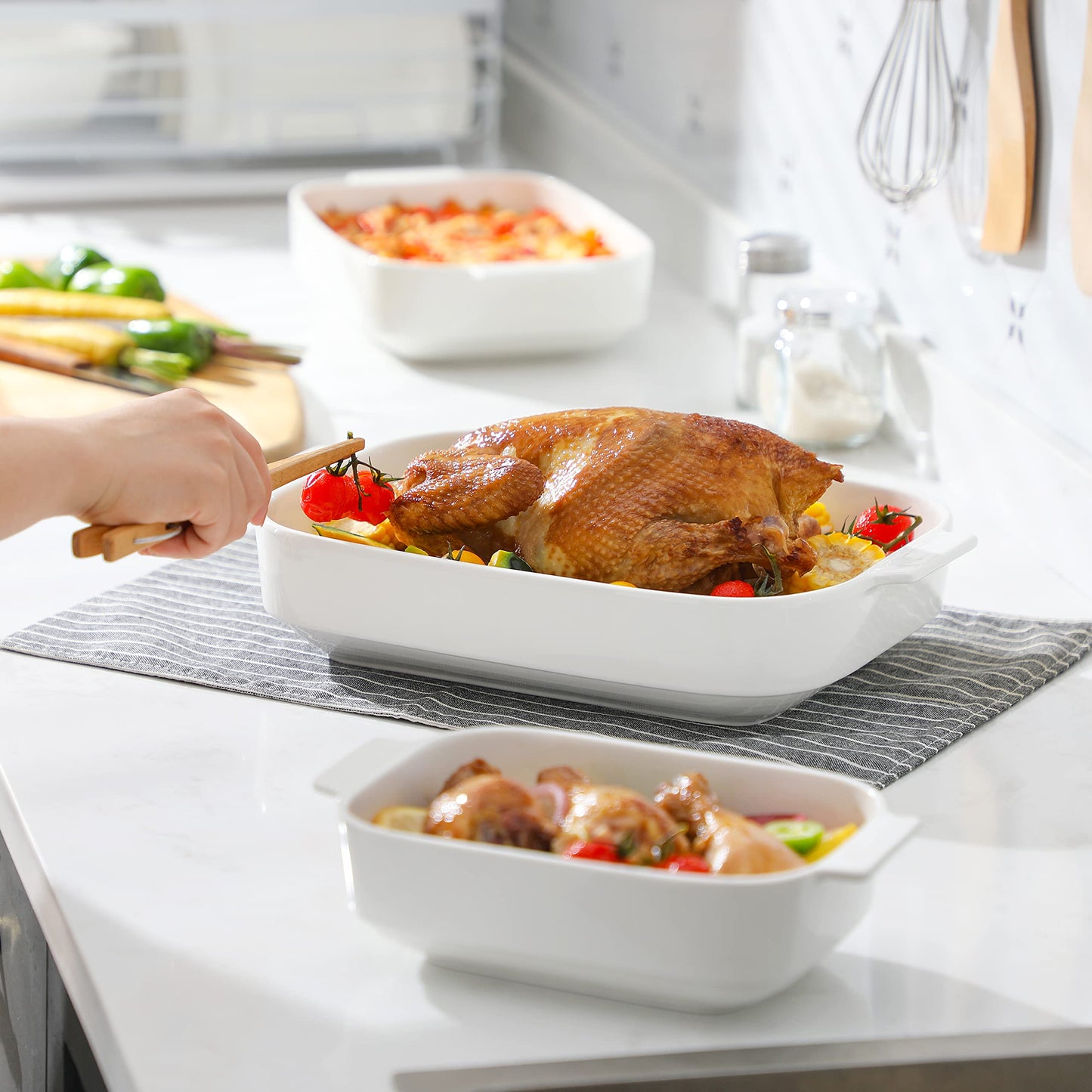 MALACASA Casserole Dishes for Oven, Ceramic Baking Dishes Set of 3, Rectangular Lasagna Pan Deep Baking Pans, Bakeware Sets with Handles Gift Set, White (13.8''/11.7''/9.4''), Series BAKE